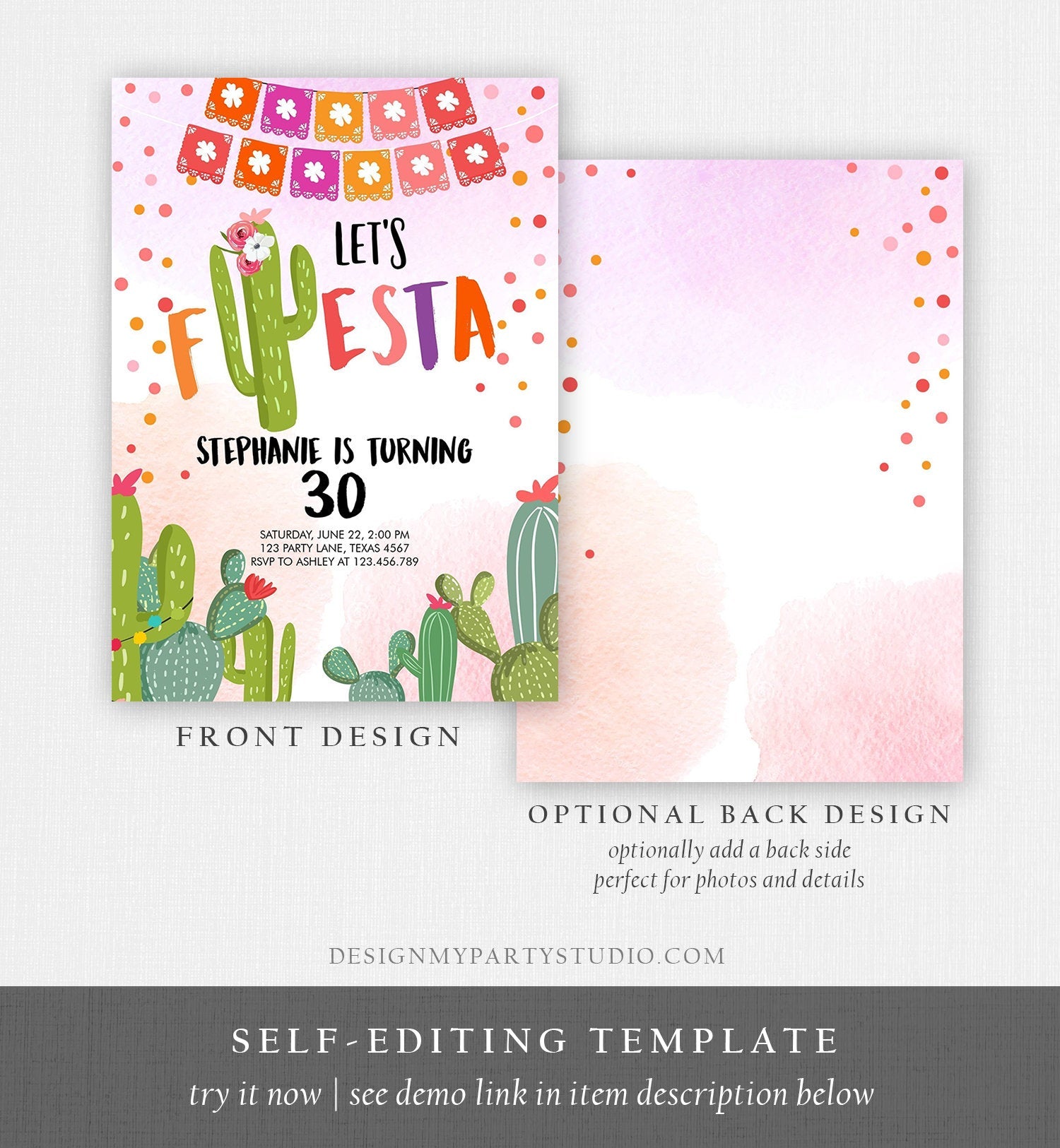 Editable ANY AGE Fiesta Birthday Invitation Let's Fiesta Adult Mexican Thirty Birthday Party Pink Cactus 30th Corjl Template Printable 0135