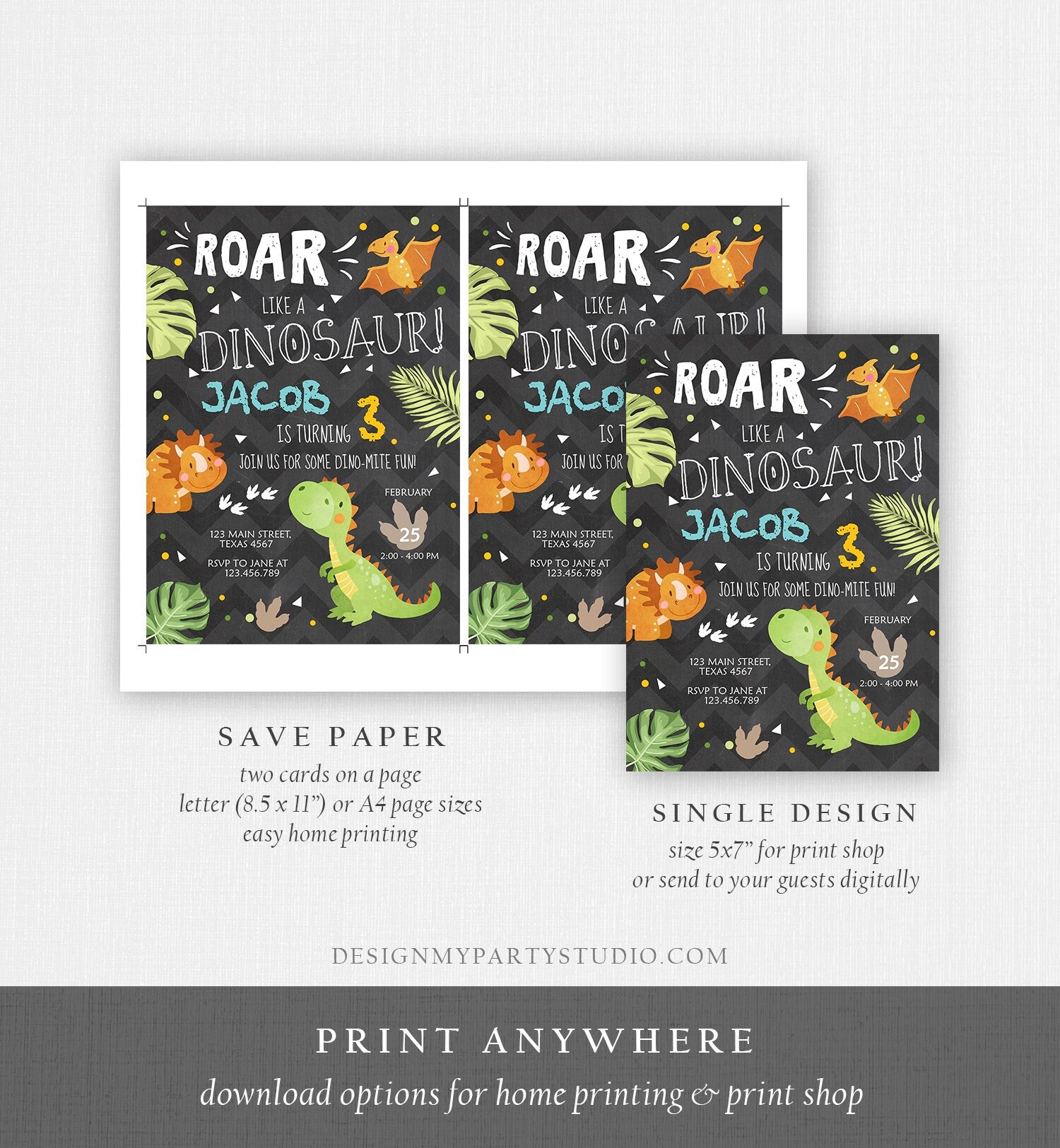 Editable Dinosaur Birthday Invitation Dino Dig Party Prehistoric Boy T-Rex Roar Fossil Party Digital Download Printable Template Corjl 0283