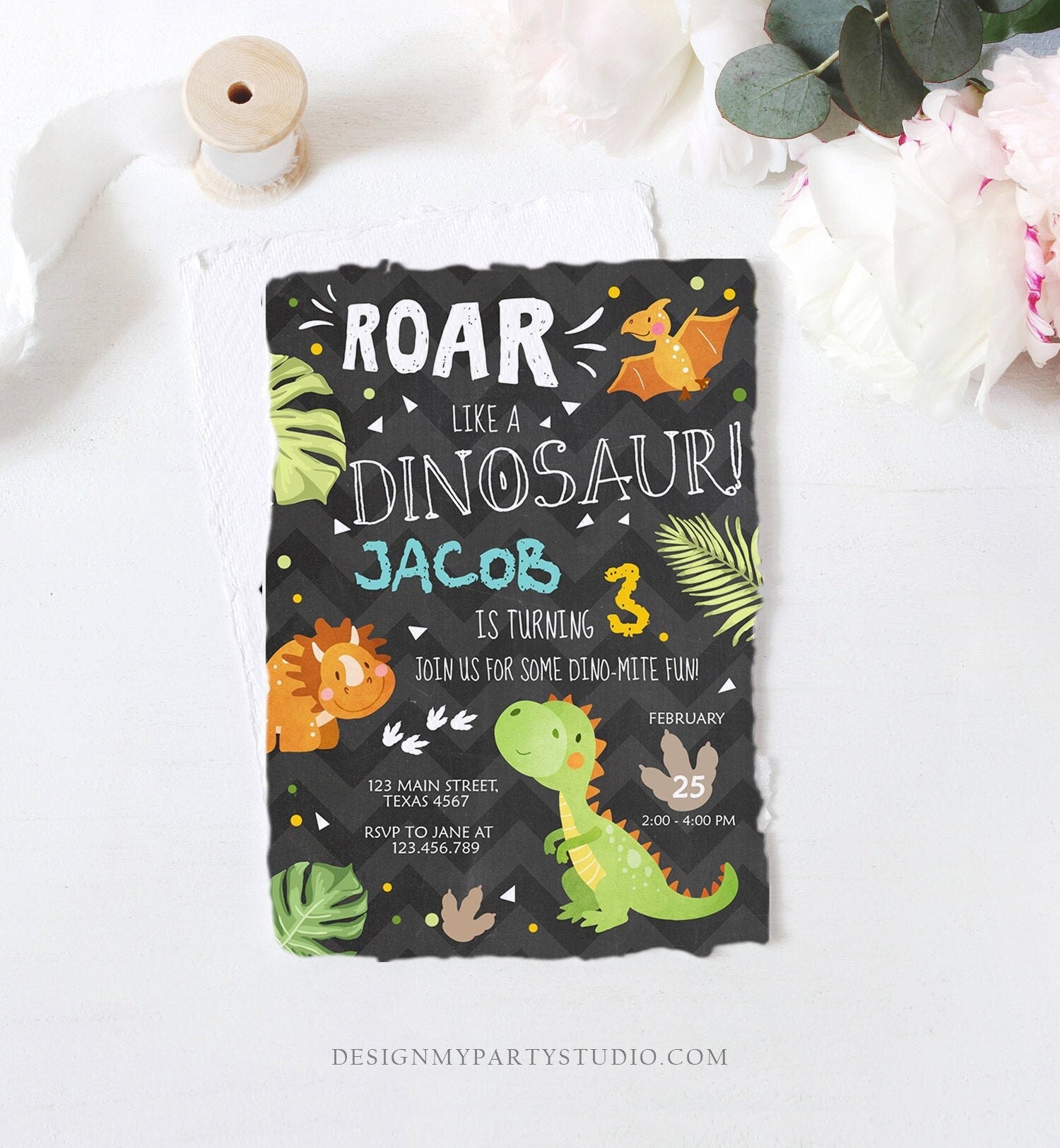 Editable Dinosaur Birthday Invitation Dino Dig Party Prehistoric Boy T-Rex Roar Fossil Party Digital Download Printable Template Corjl 0283