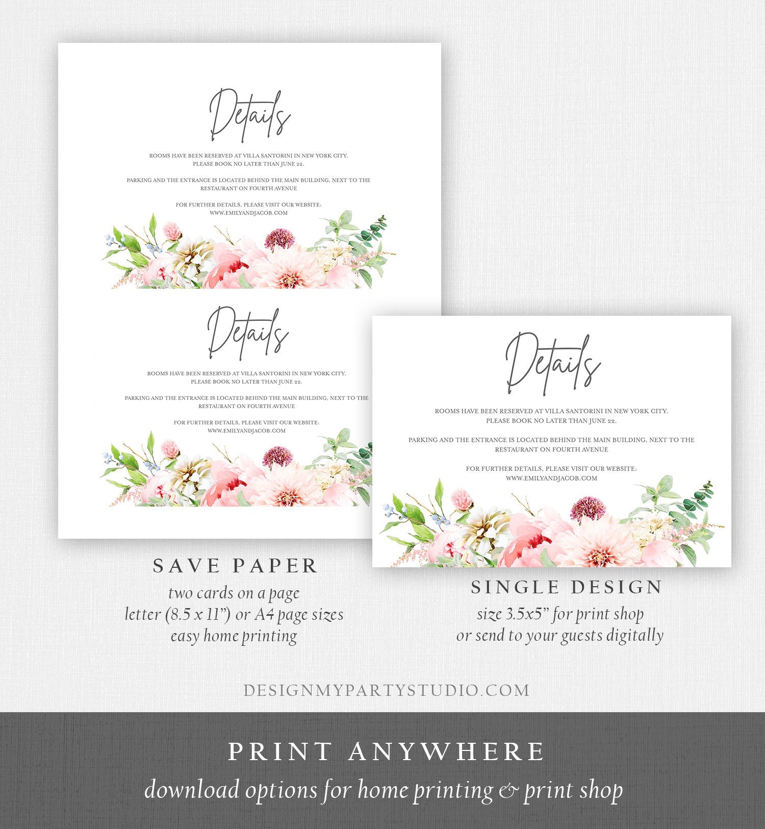 Editable Botanical Flowers Details Card Wedding Insert Card Greenery Pink Peony Information Enclosure Corjl Template Printable 0167