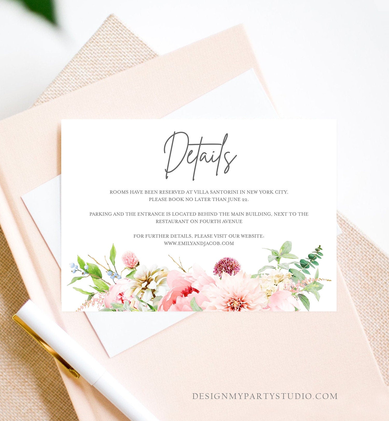 Editable Botanical Flowers Details Card Wedding Insert Card Greenery Pink Peony Information Enclosure Corjl Template Printable 0167