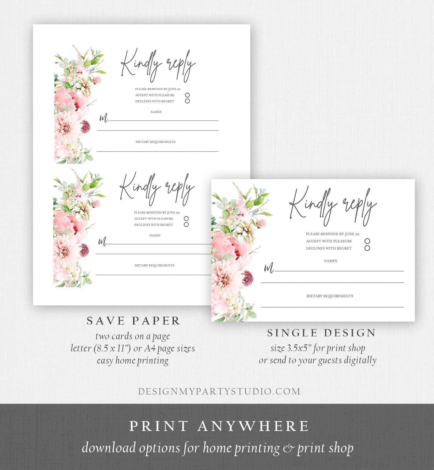 Editable Botanical Flowers RSVP Card Wedding Pink Floral Blush Watercolor Greenery Kindly Reply Peony Flowers Corjl Template Printable 0167