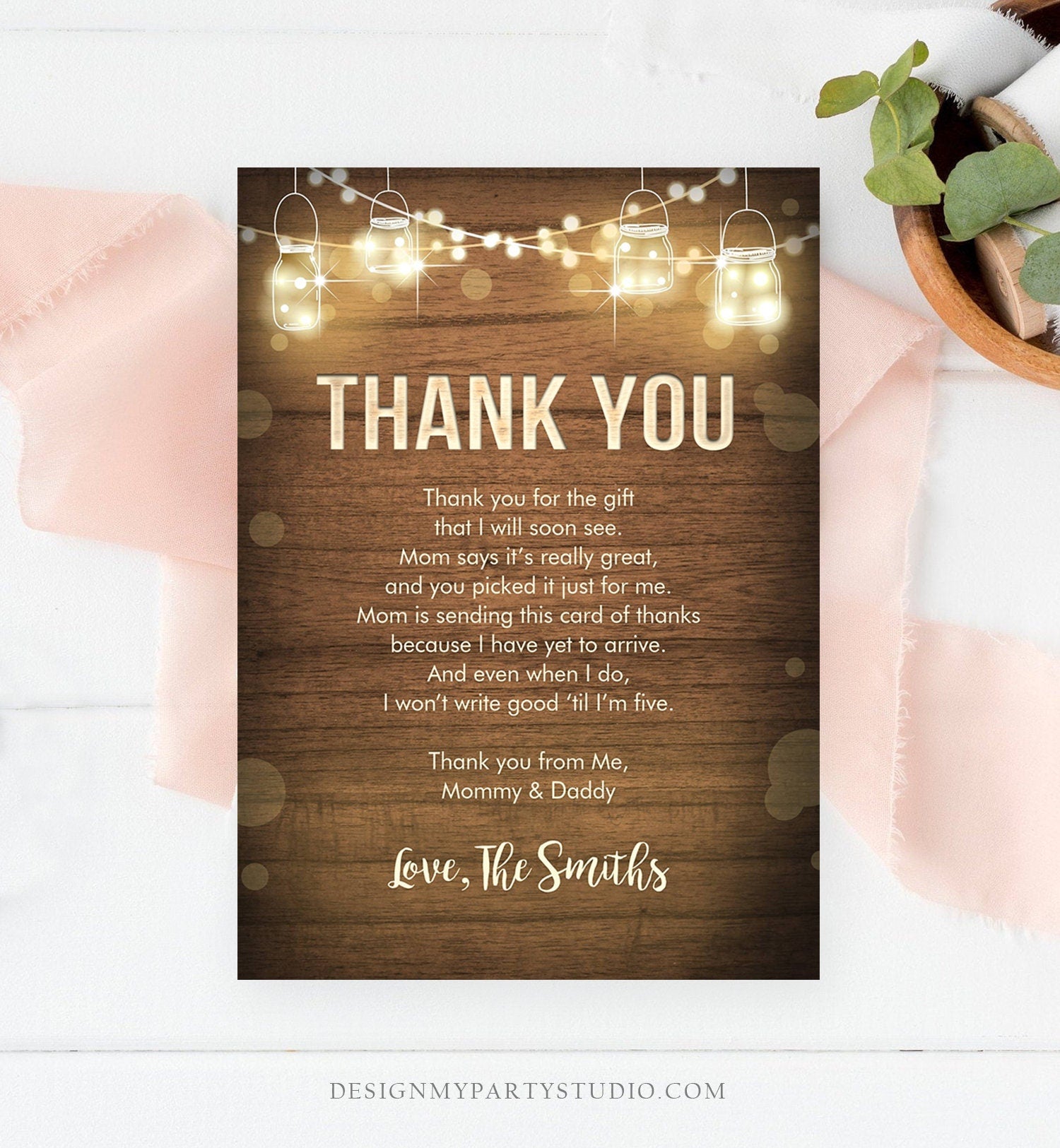 Editable Rustic Wood Thank You Card Baby Shower Bridal Shower Birthday Insert Card Note String Lights Download Corjl Template Printable 0015