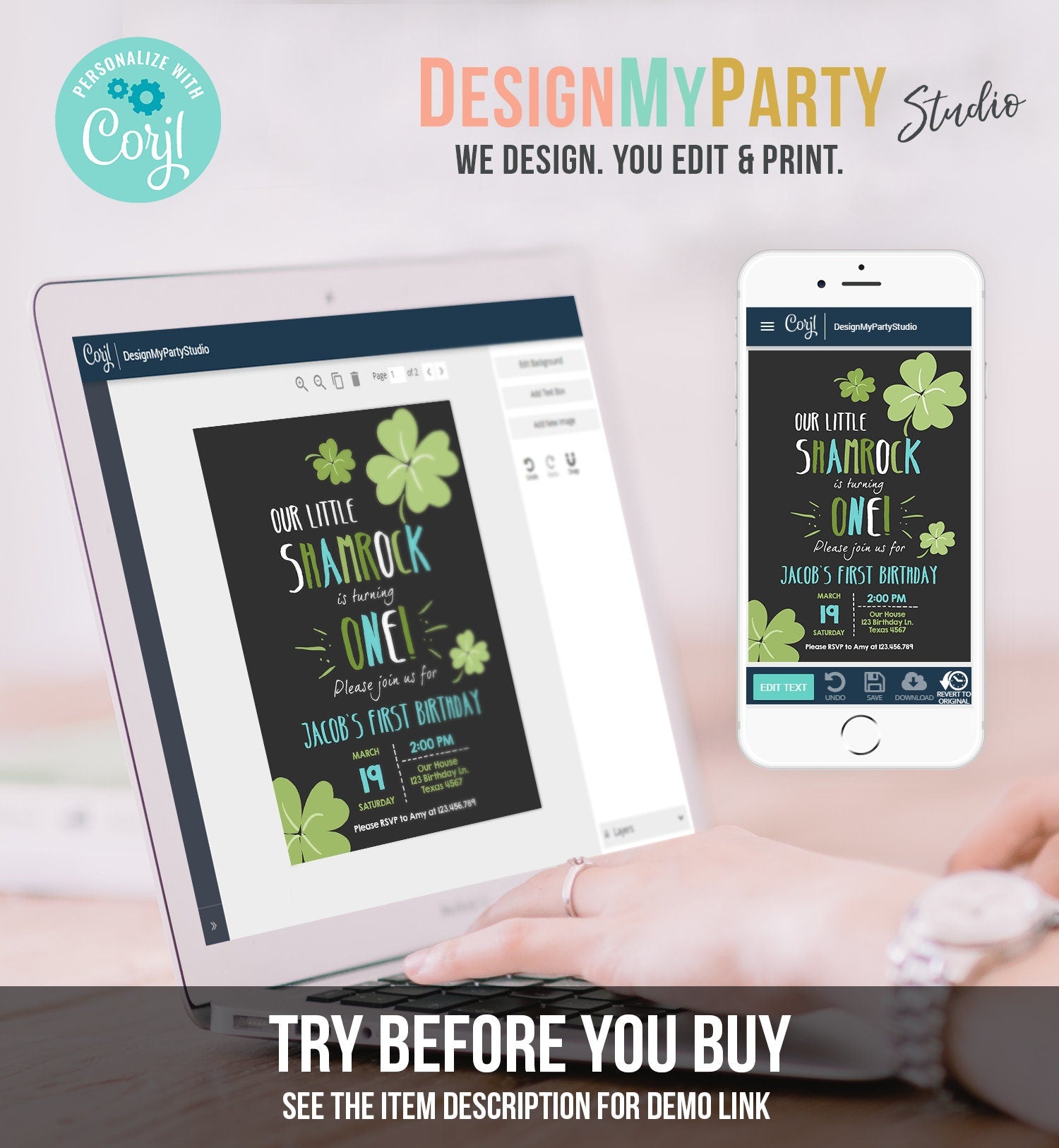 Editable St. Patrick's Day Birthday Invitation Boy Shamrock Clover St Patricks day Birthday Lucky One Printable Invite Template Corjl 0289