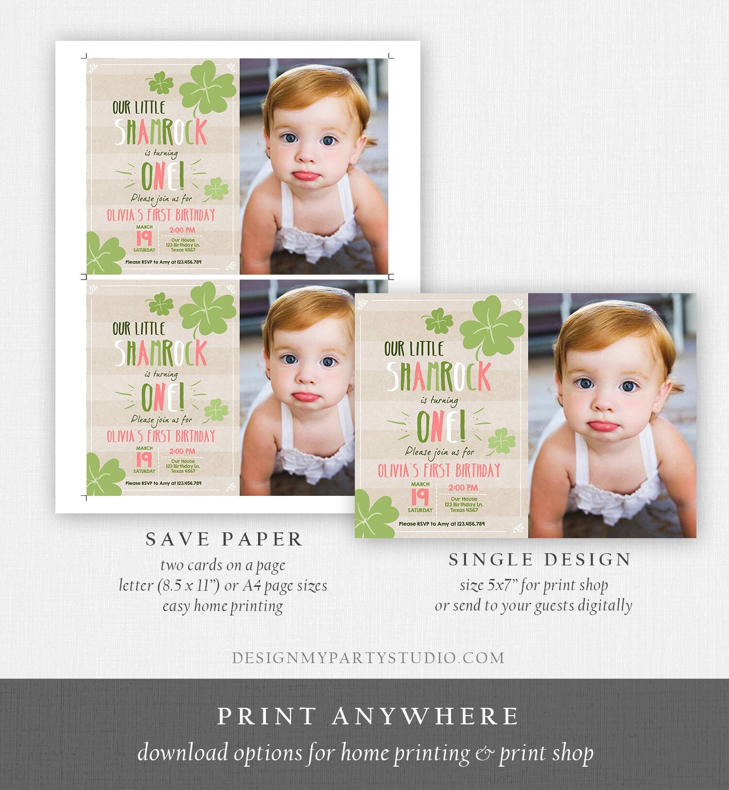 Editable St. Patrick's Day Birthday Invitation Shamrock Pink Clover St Patricks day Birthday Lucky One Printable Invite Template Corjl 0289