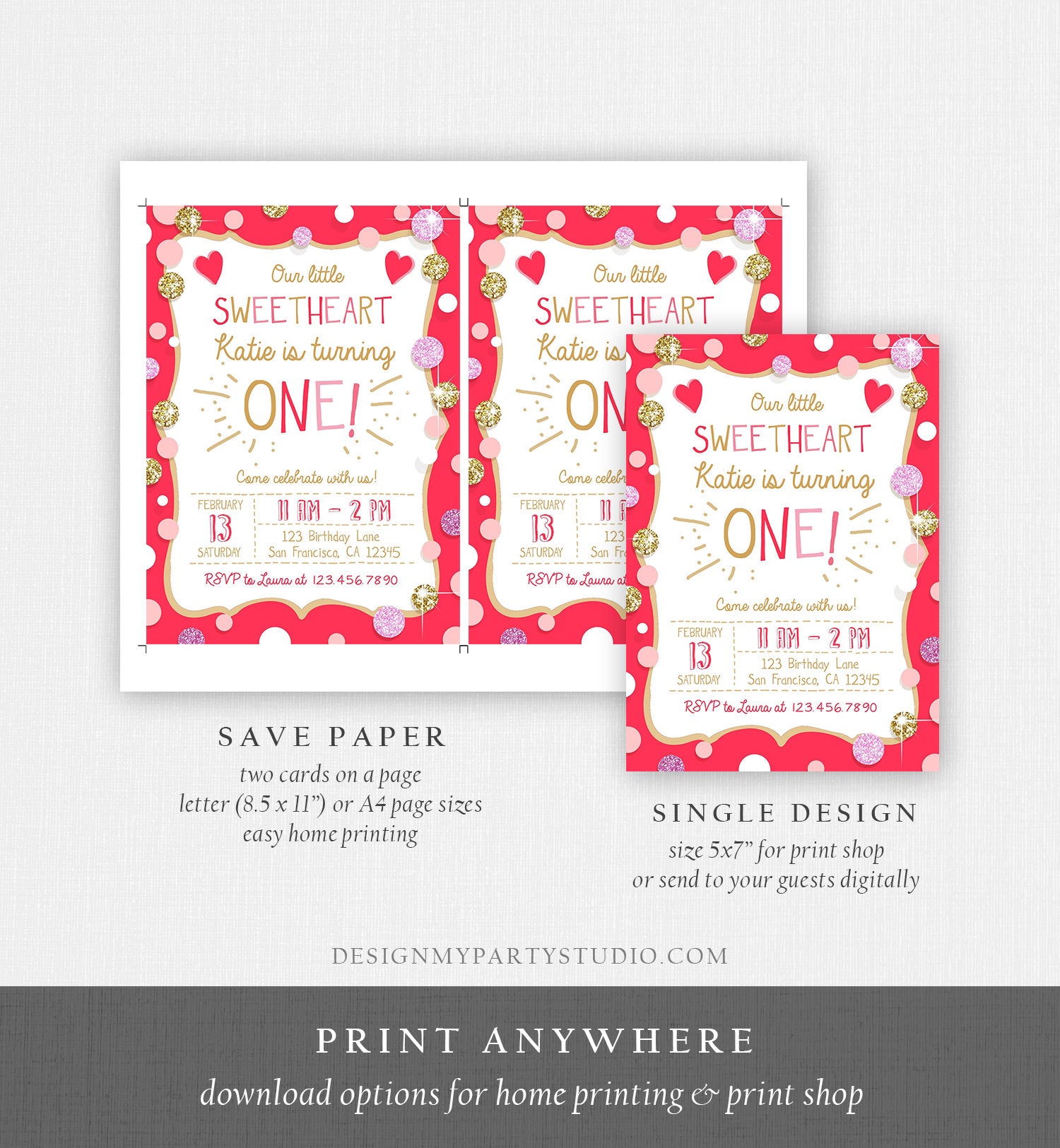 Editable Valentines Birthday Invitation Little Sweetheart Birthday Girl Pink Red First Birthday Download Corjl Template Printable 0299