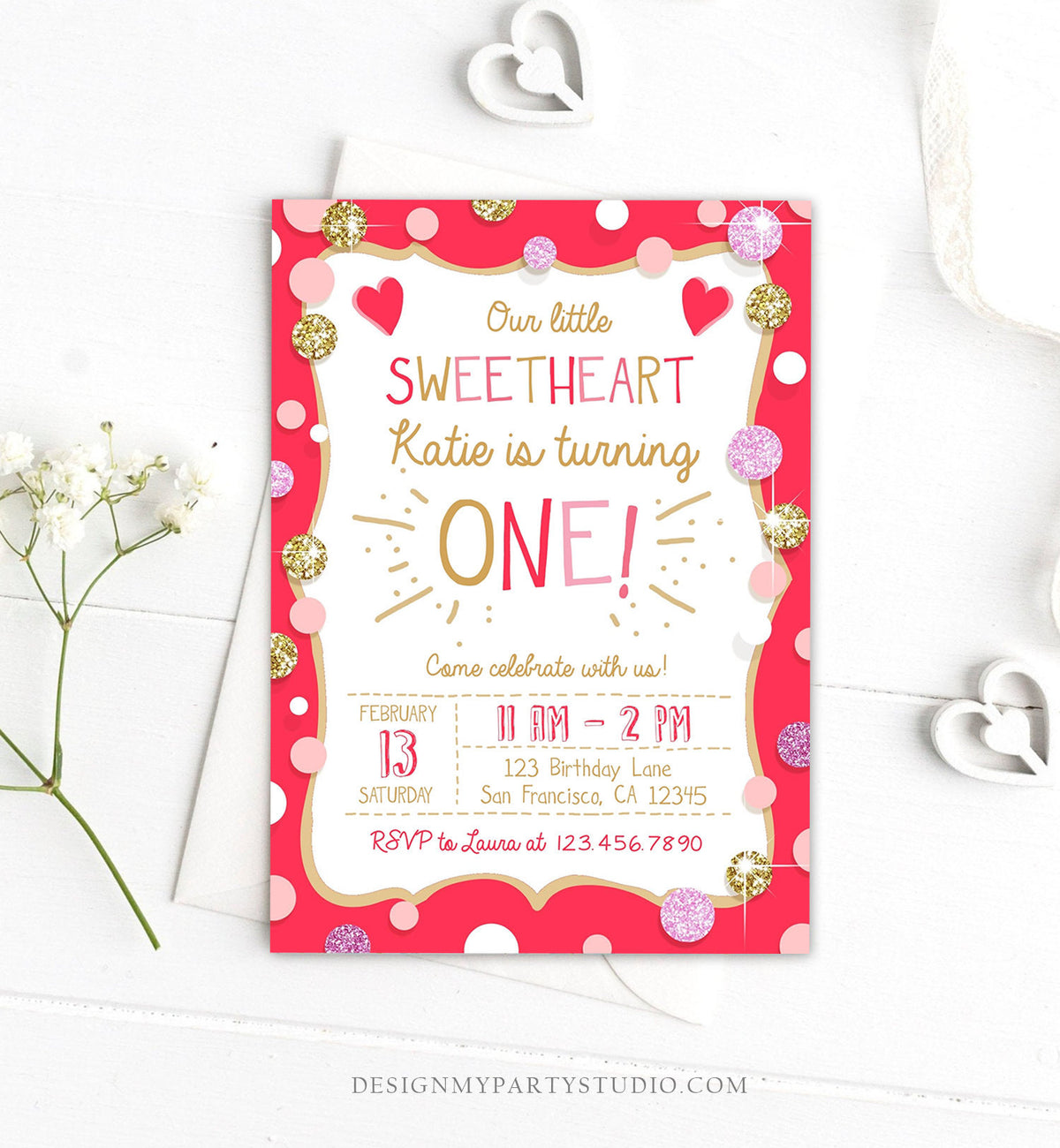 Editable Valentines Birthday Invitation Little Sweetheart Birthday Girl Pink Red First Birthday Download Corjl Template Printable 0299