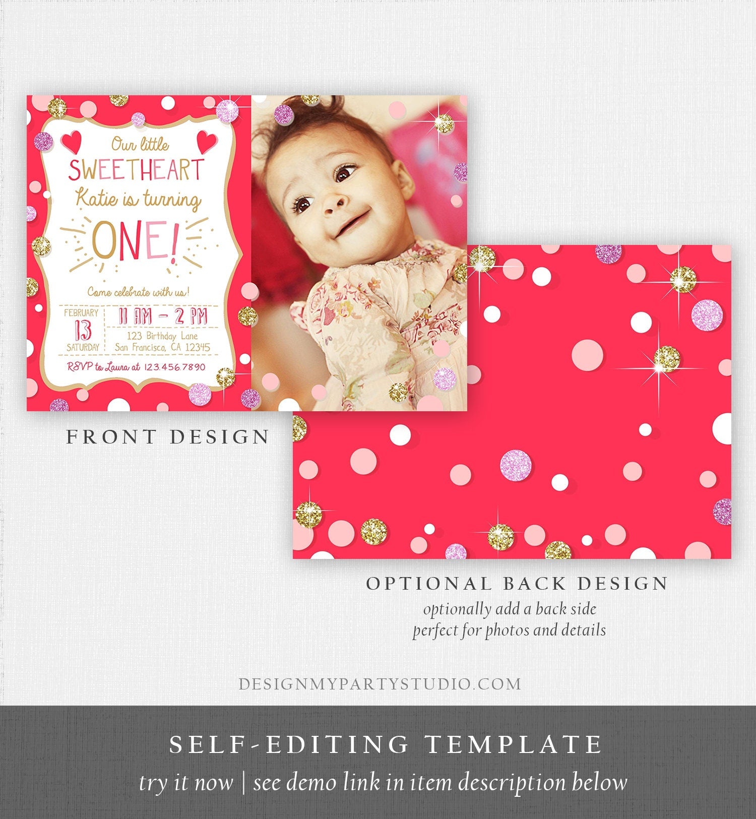 Editable Valentines Birthday Invitation Little Sweetheart Birthday Girl Pink Red First Birthday Download Corjl Template Printable 0299