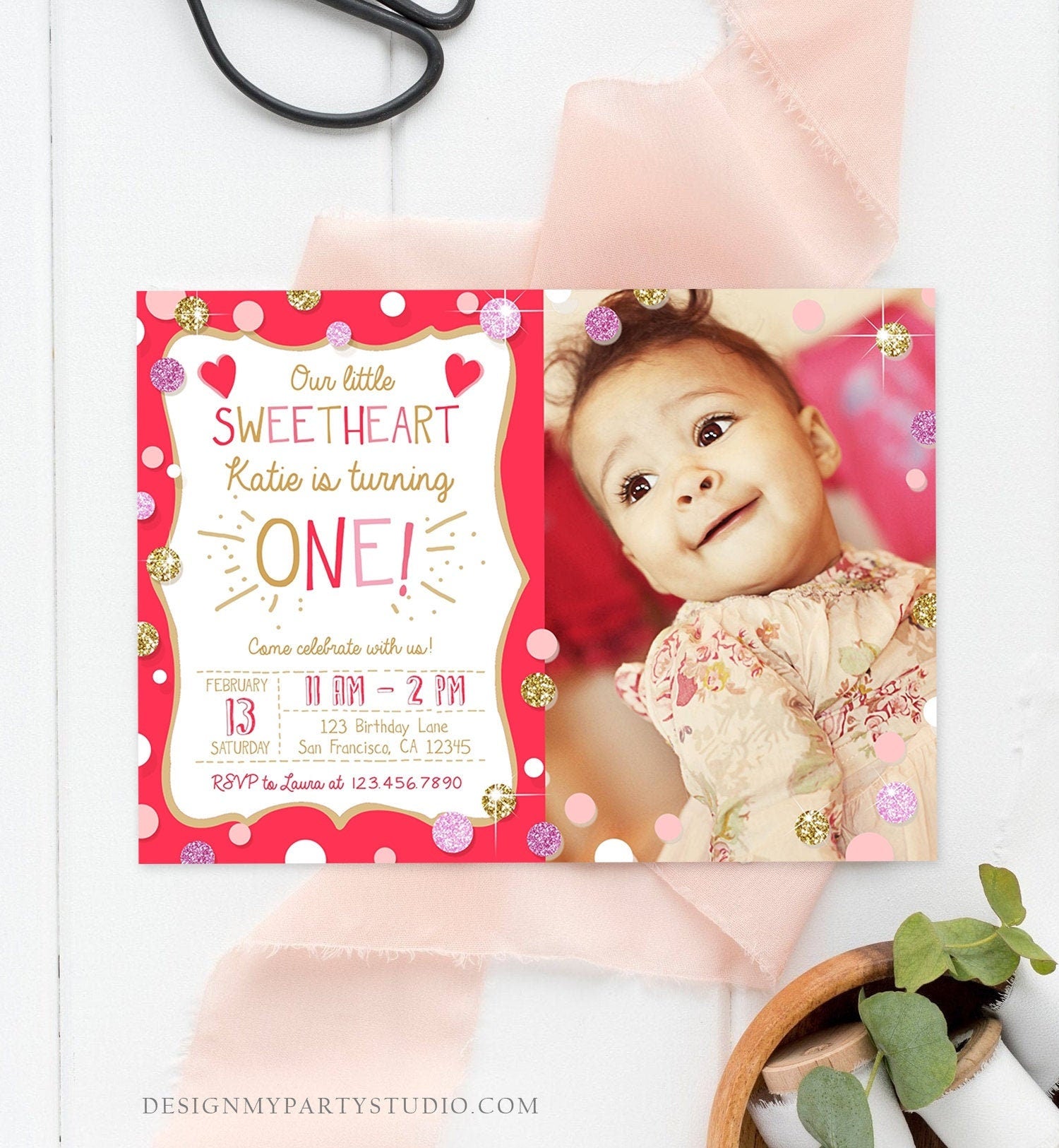 Editable Valentines Birthday Invitation Little Sweetheart Birthday Girl Pink Red First Birthday Download Corjl Template Printable 0299