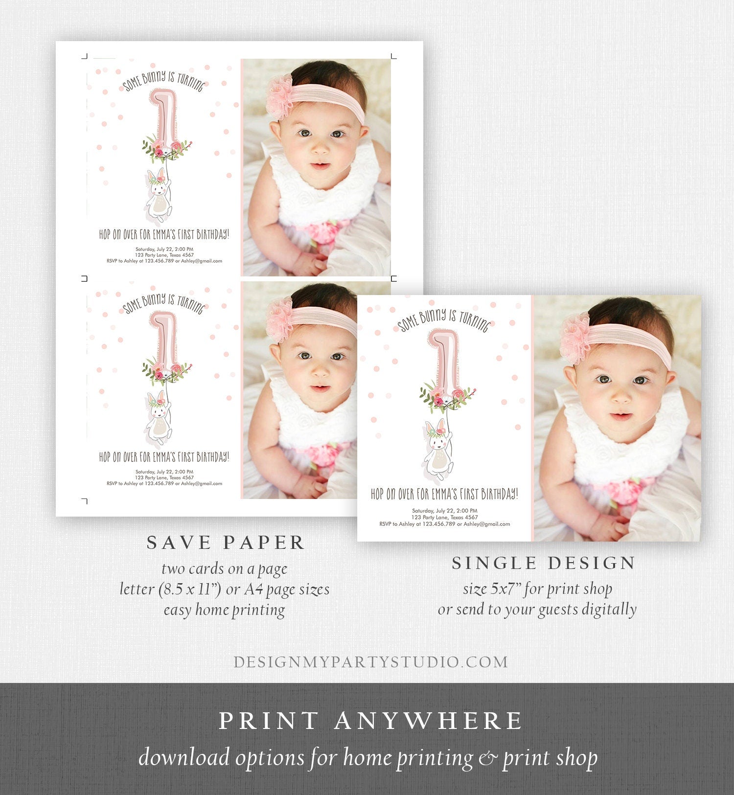 Editable Bunny Birthday Invitation Girl 1st Birthday Pink Gold Floral Bunny Spring Birthday Blush Printable Template Download Corjl 0117