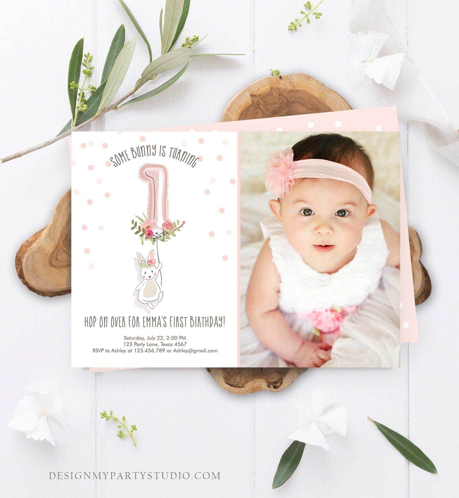 Editable Bunny Birthday Invitation Girl 1st Birthday Pink Gold Floral Bunny Spring Birthday Blush Printable Template Download Corjl 0117