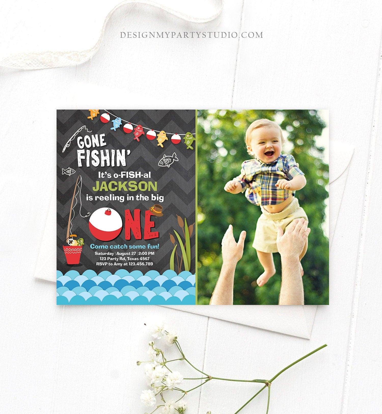 Editable First Birthday Fishing Invitation Fishing Party The Big One O-fish-al Gone Fishing Boy Chalk Download Printable Template Corjl 0080