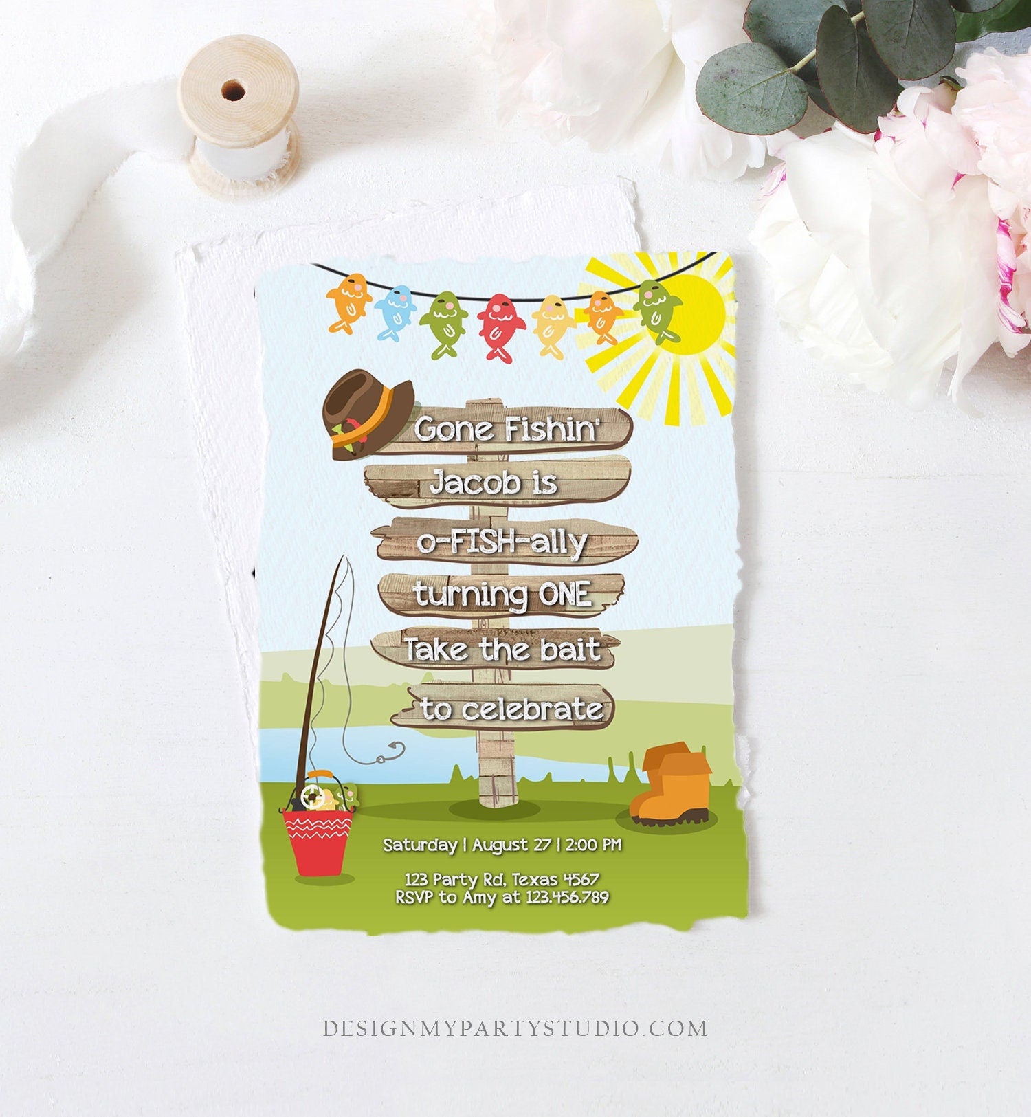 Editable First Birthday Fishing Invitation Fishing Party The Big One O -  Design My Party Studio