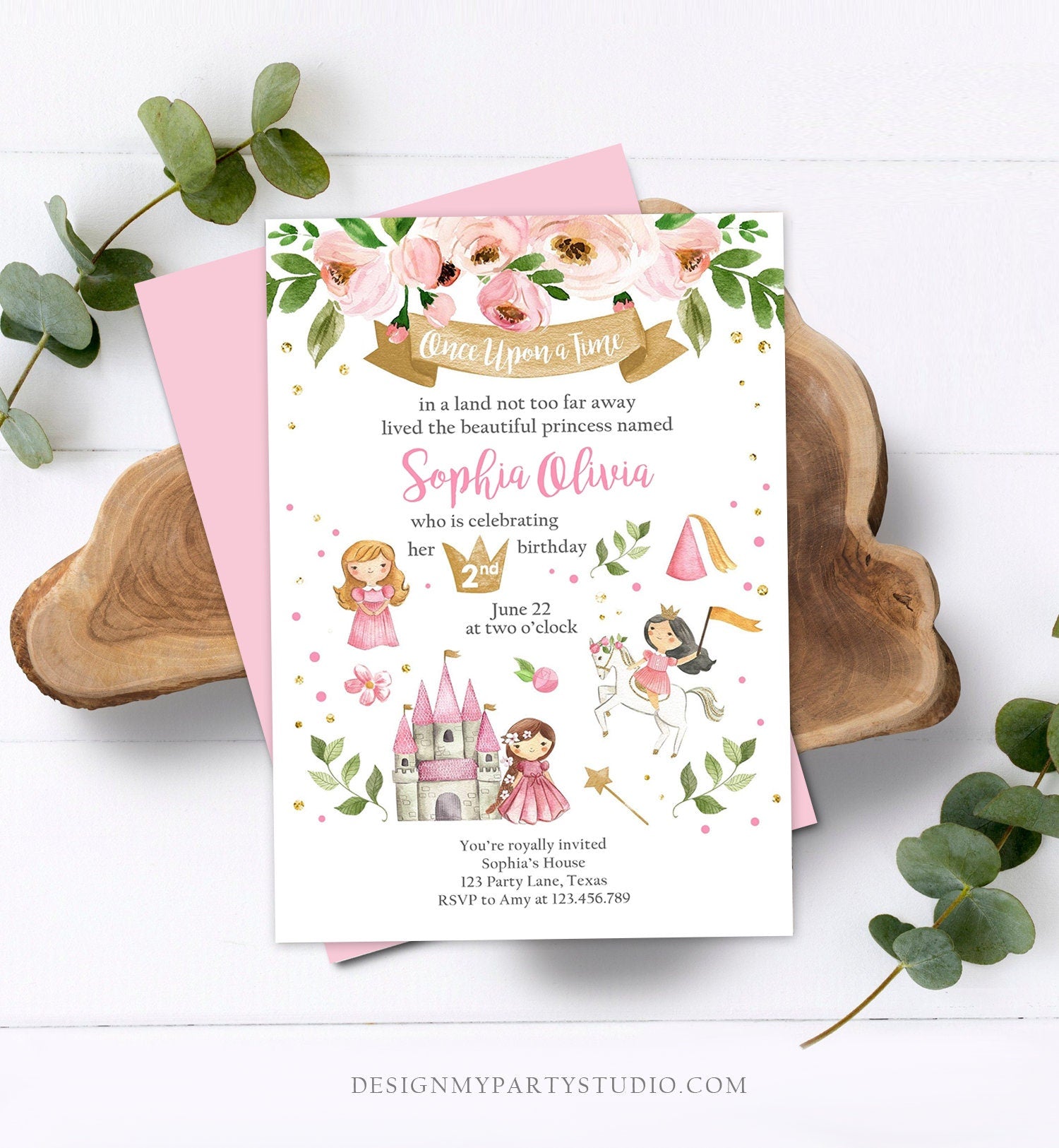 Editable Princess Birthday invitation Princess Party Girls Once Upon a Time Pink Gold Floral Download Printable Template Editable Corjl 0171