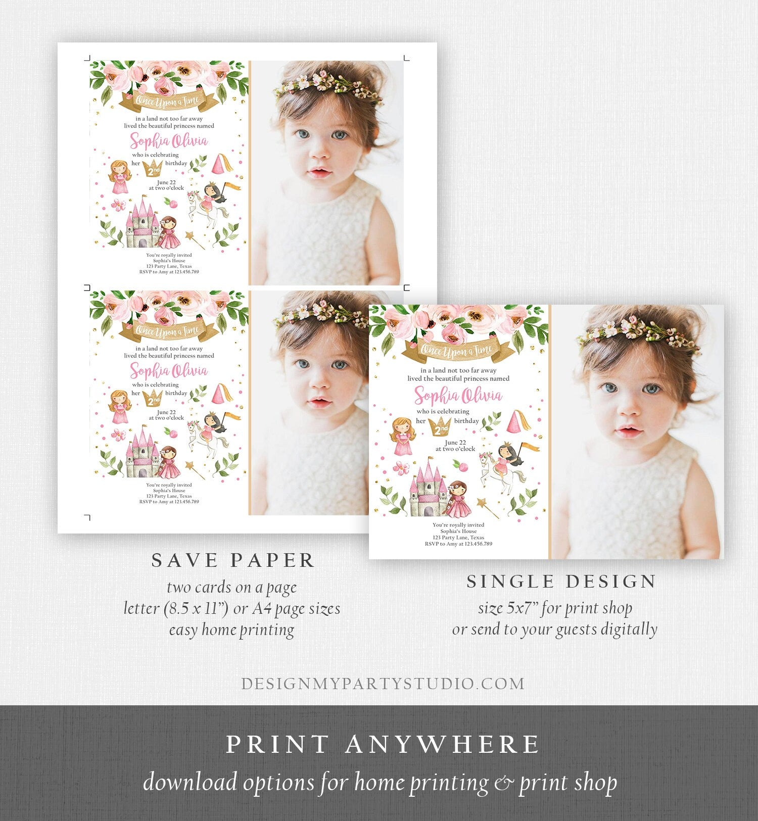 Editable Princess Birthday invitation Princess Party Girls Once Upon a Time Pink Gold Floral Download Printable Template Editable Corjl 0171