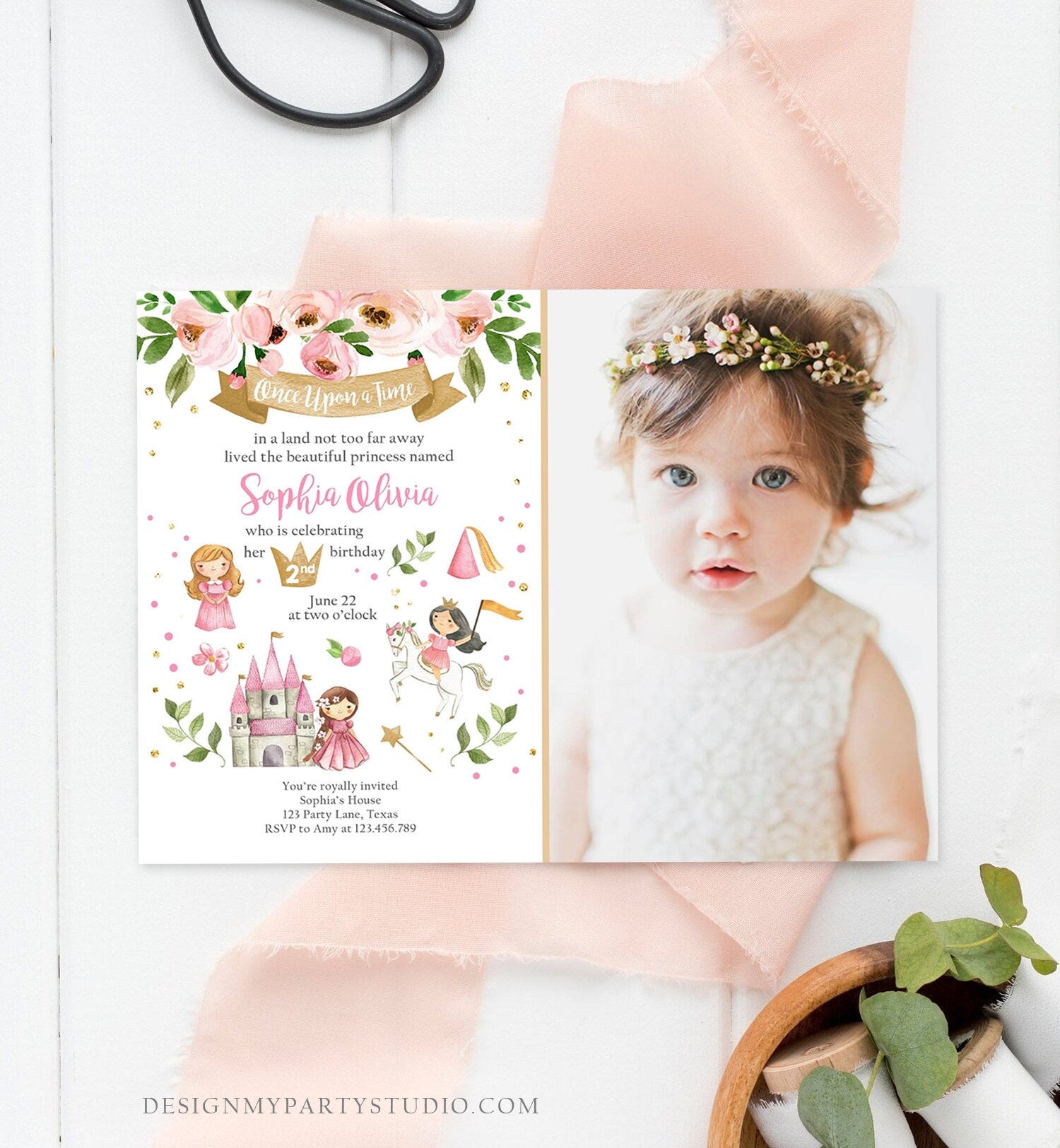 Editable Princess Birthday invitation Princess Party Girls Once Upon a Time Pink Gold Floral Download Printable Template Editable Corjl 0171