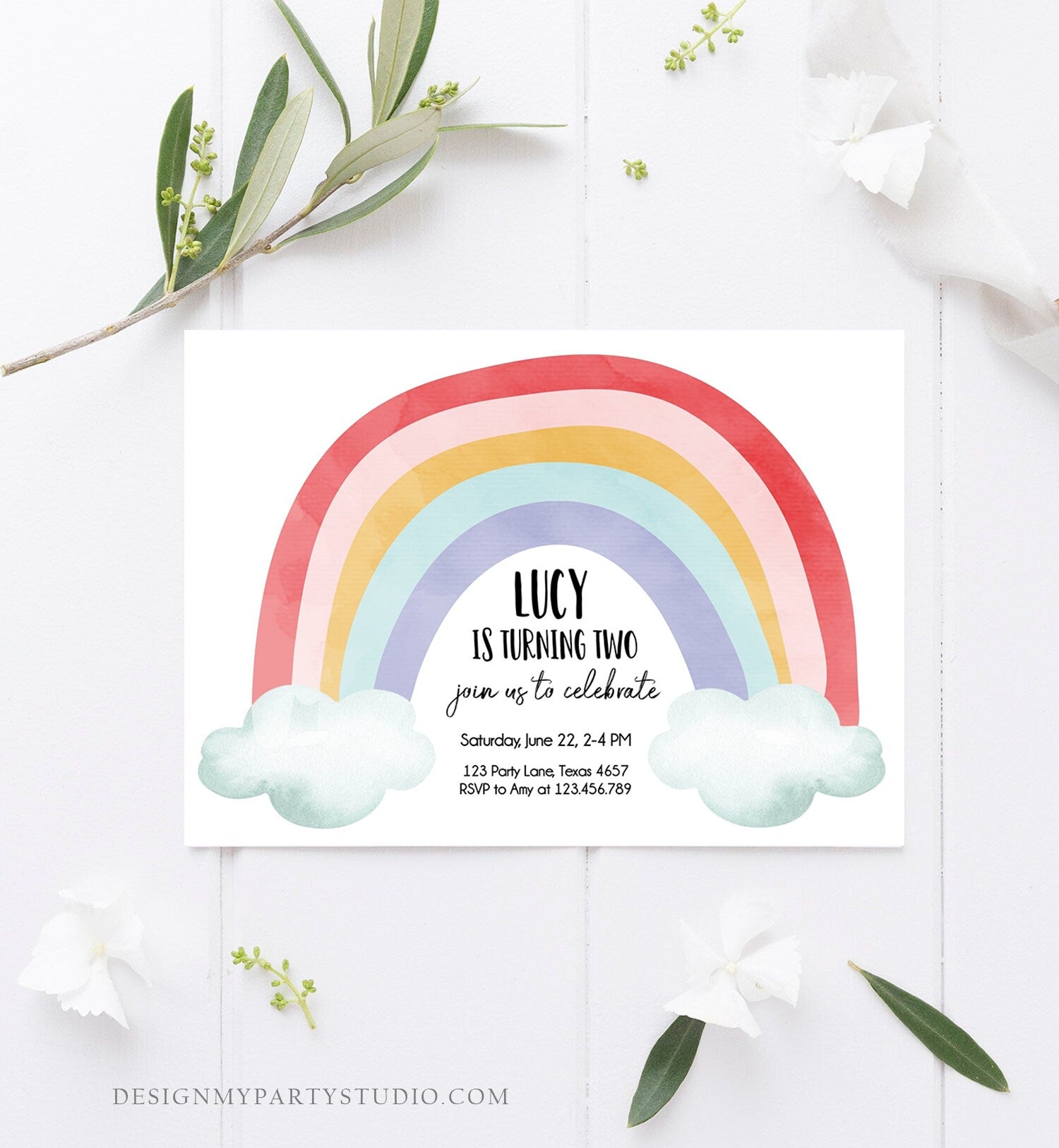 Editable Rainbow Birthday Invitation Kids Girl Boy Neutral Party Clouds Colorful Rainbow Colors Printable Corjl Template Digital 0272