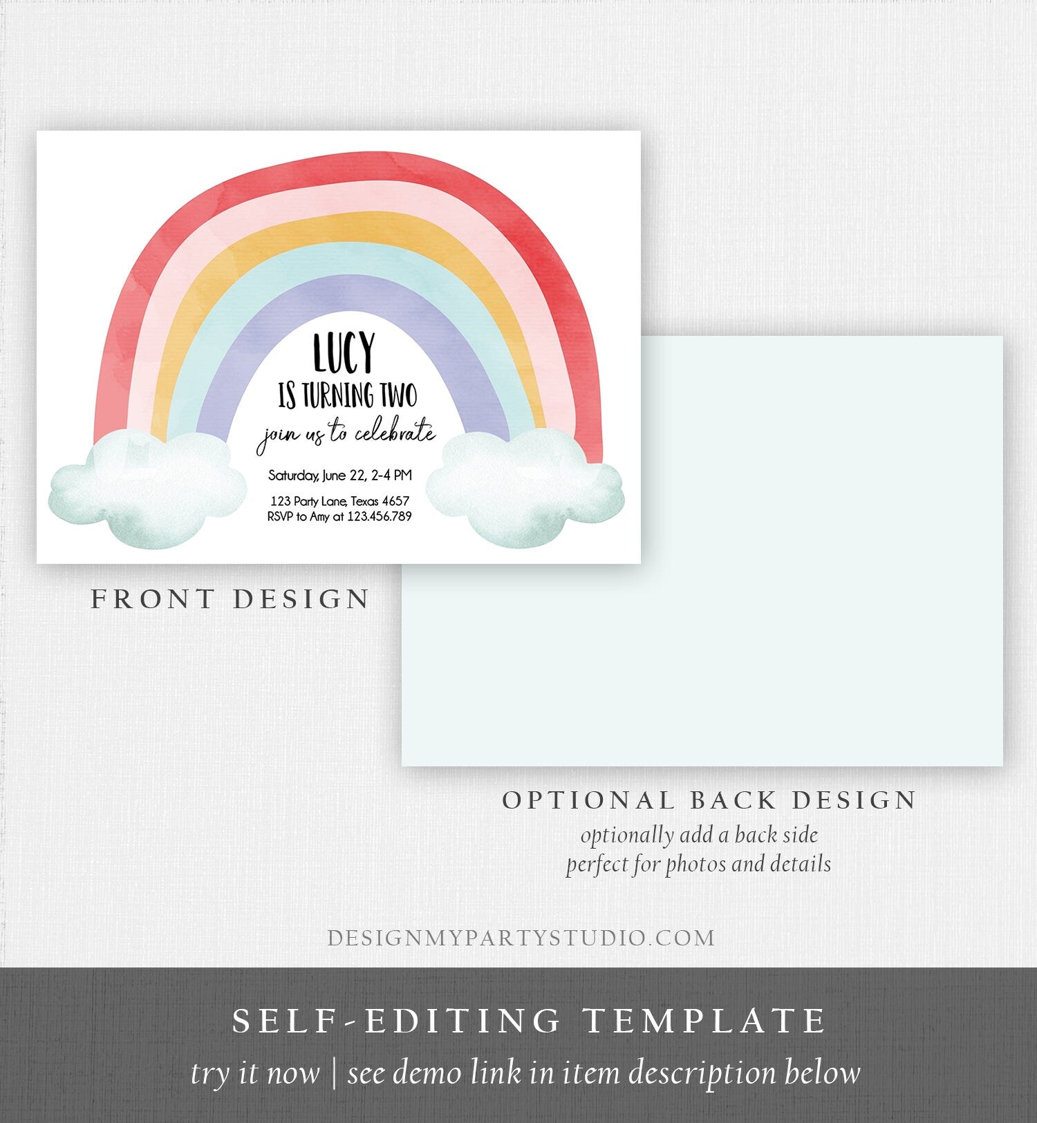 Editable Rainbow Birthday Invitation Kids Girl Boy Neutral Party Clouds Colorful Rainbow Colors Printable Corjl Template Digital 0272