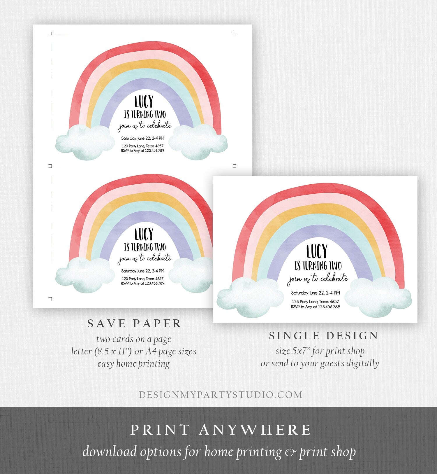 Editable Rainbow Birthday Invitation Kids Girl Boy Neutral Party Clouds Colorful Rainbow Colors Printable Corjl Template Digital 0272