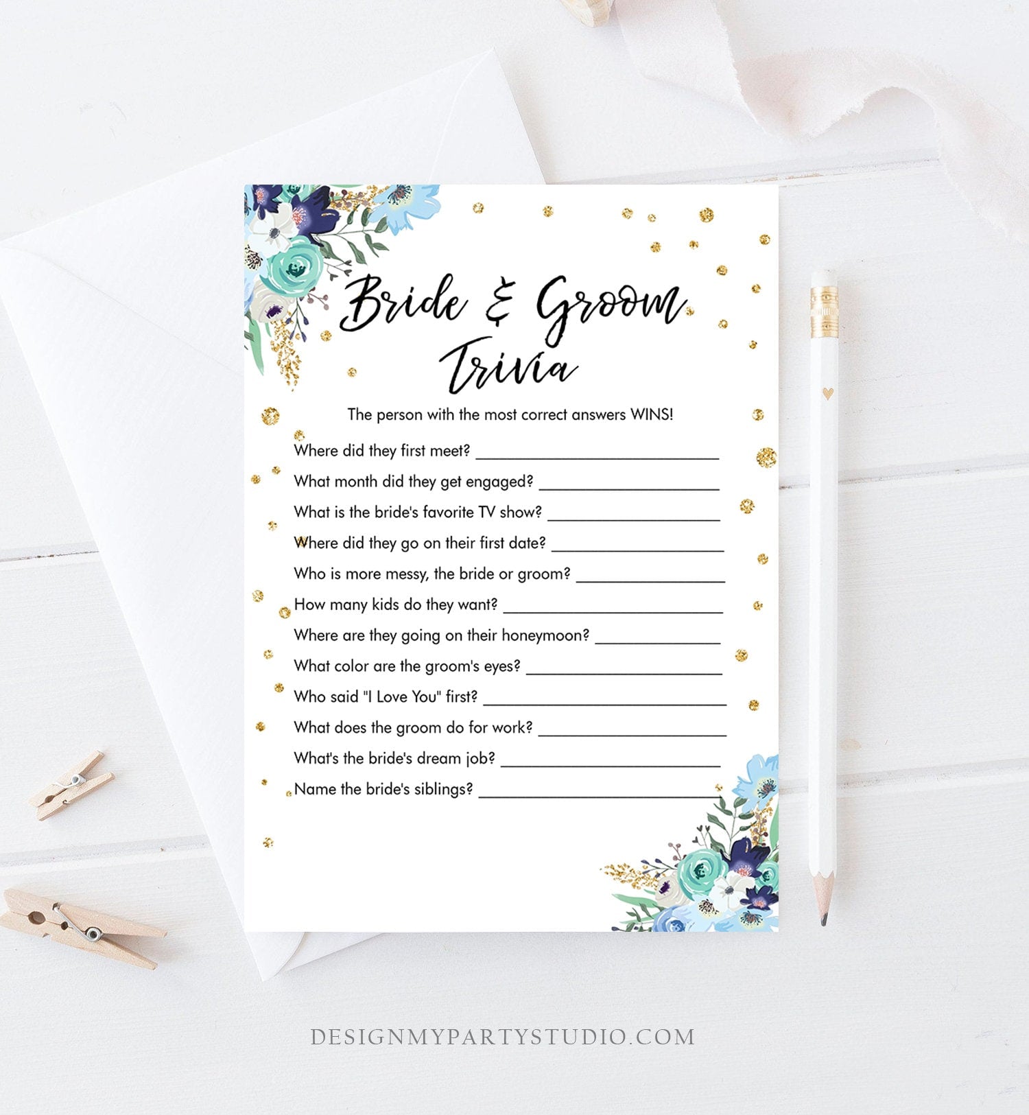 Editable Bride and Groom Trivia Bridal Shower Game Floral Blue Gold Confetti What Did He or She Said Download Corjl Template Printable 0030