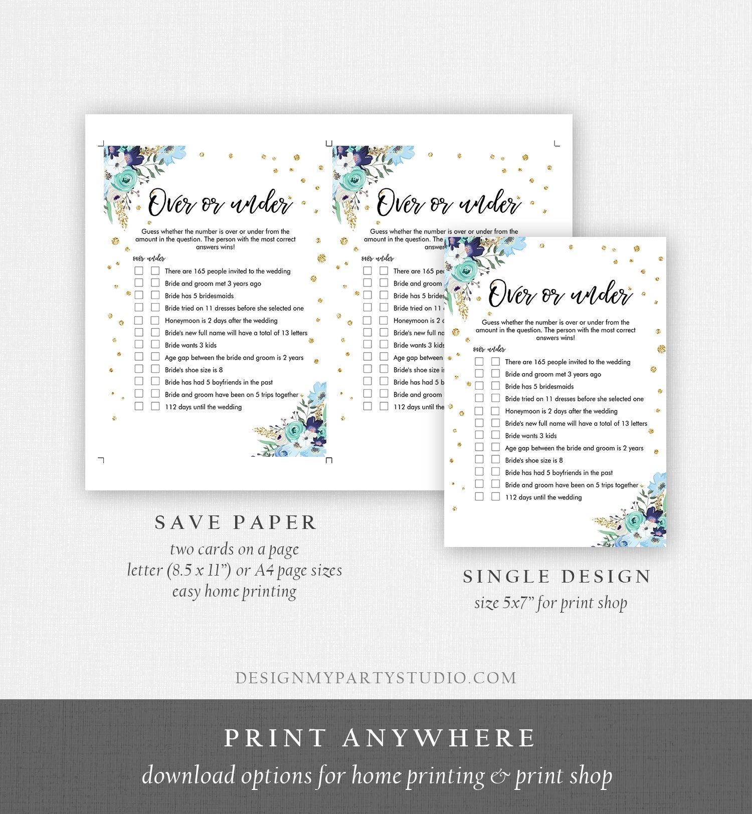 Editable Over or Under Bridal Shower Game Floral Greenery Flowers Blue Gold Confetti Hens Night Guessing Pink Flowers Corjl Template 0030