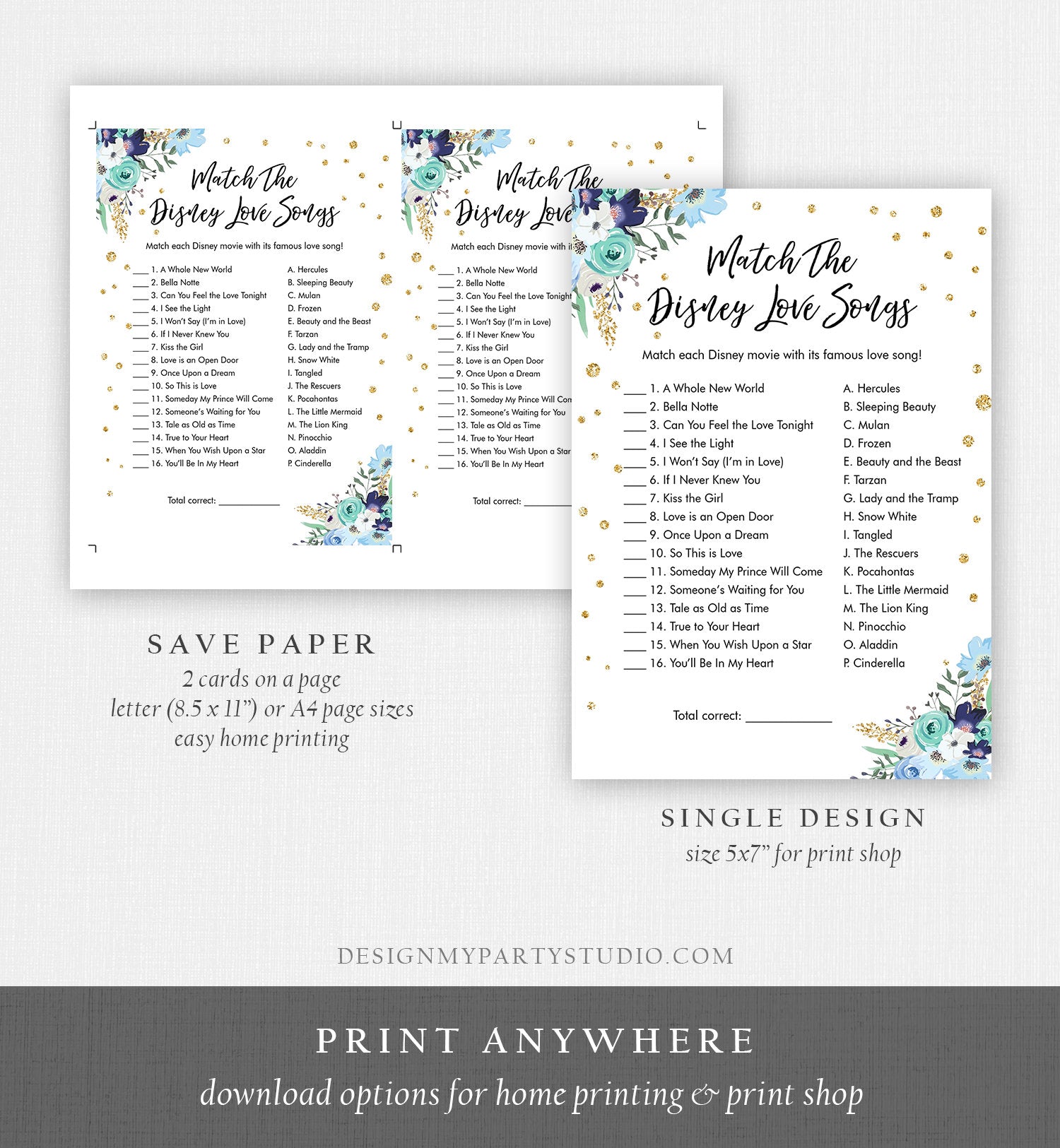 Editable Disney Love Quotes Bridal Shower Game Match Disney Love Songs Wedding Shower Activity Bachelorette Corjl Template Printable 0030