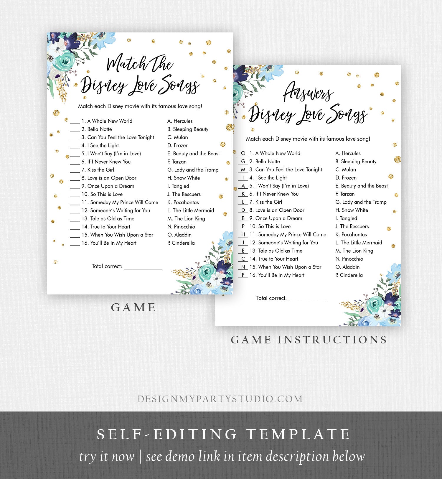 Editable Disney Love Quotes Bridal Shower Game Match Disney Love Songs Wedding Shower Activity Bachelorette Corjl Template Printable 0030