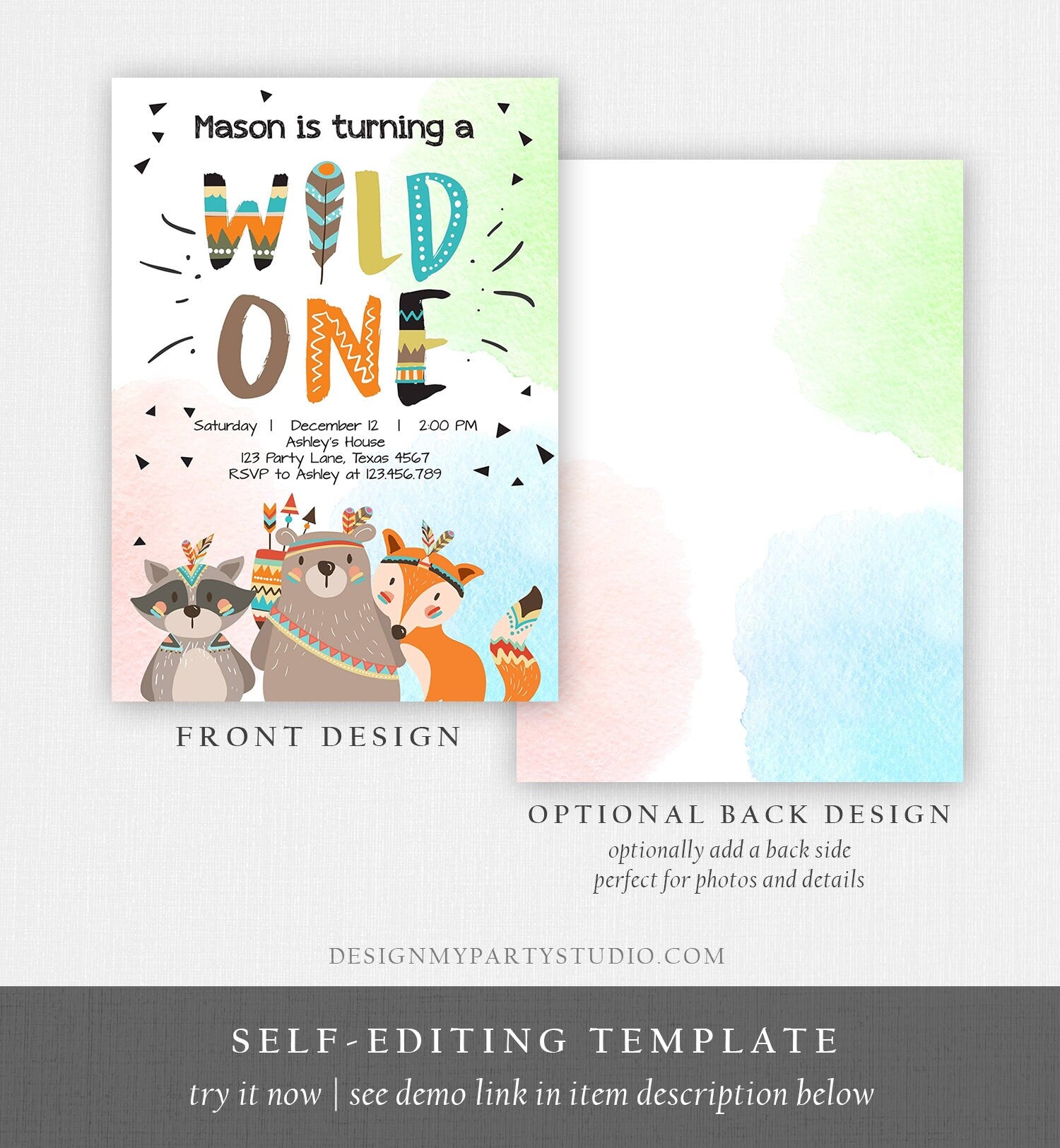 Editable Tribal Woodland Wild One First Birthday Invitation Boho Woodland Animals Boy Instant Download Printable Template Corjl Digital 0061