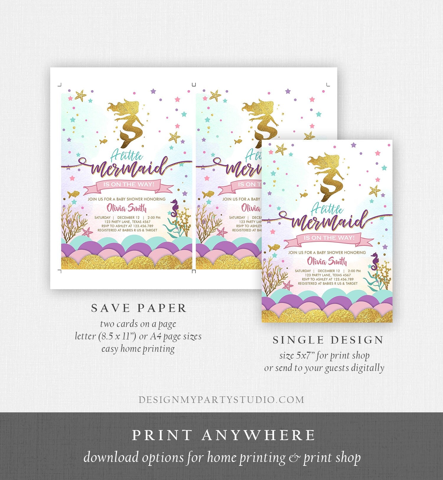 Editable Little Mermaid on the Way Baby Shower Invitation Under The Sea Sprinkle Girl Pink Purple Gold 1st Corjl Template Printable 0076