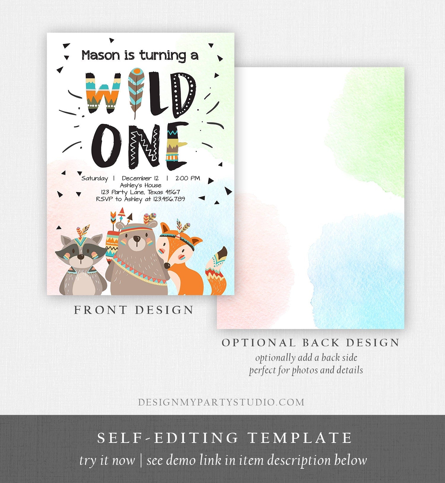 Editable Woodland Tribal Wild One First Birthday Invitation Bear Woodland Animals Boy Instant Download Printable Template Corjl Digital 0061