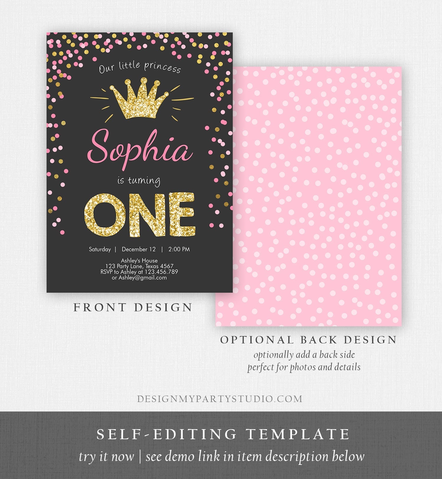 Editable Little Princess Birthday Invitation Girl Pink Gold First Birthday 1st ANY AGE Confetti Crown Download Corjl Template Printable 0047