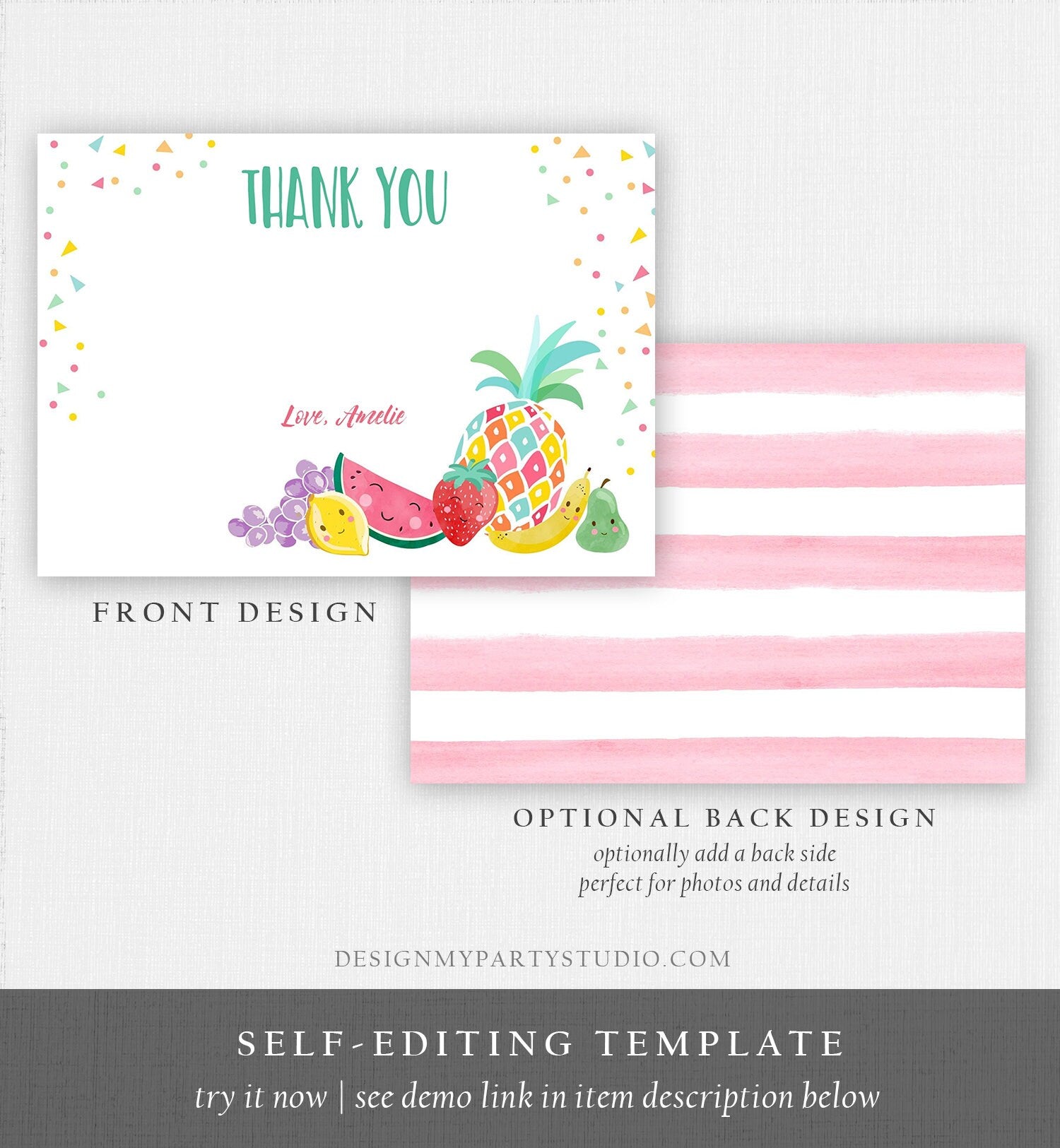 Editable Twotti Frutti Thank You Card Fruit Birthday Tutti Frutty Birthday Girl Summer Fruit Download Printable Template Digital Corjl 0139