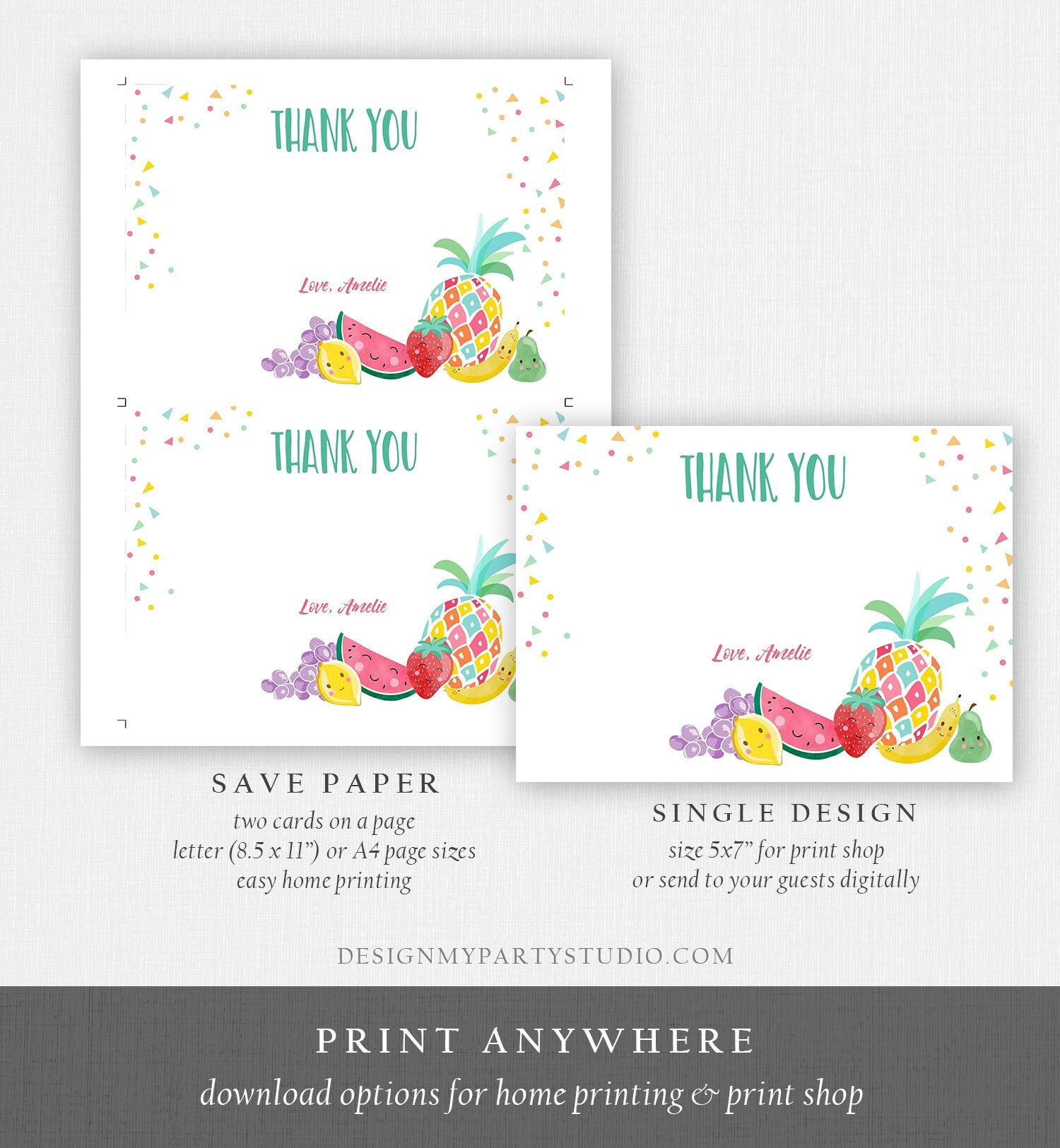 Editable Twotti Frutti Thank You Card Fruit Birthday Tutti Frutty Birthday Girl Summer Fruit Download Printable Template Digital Corjl 0139