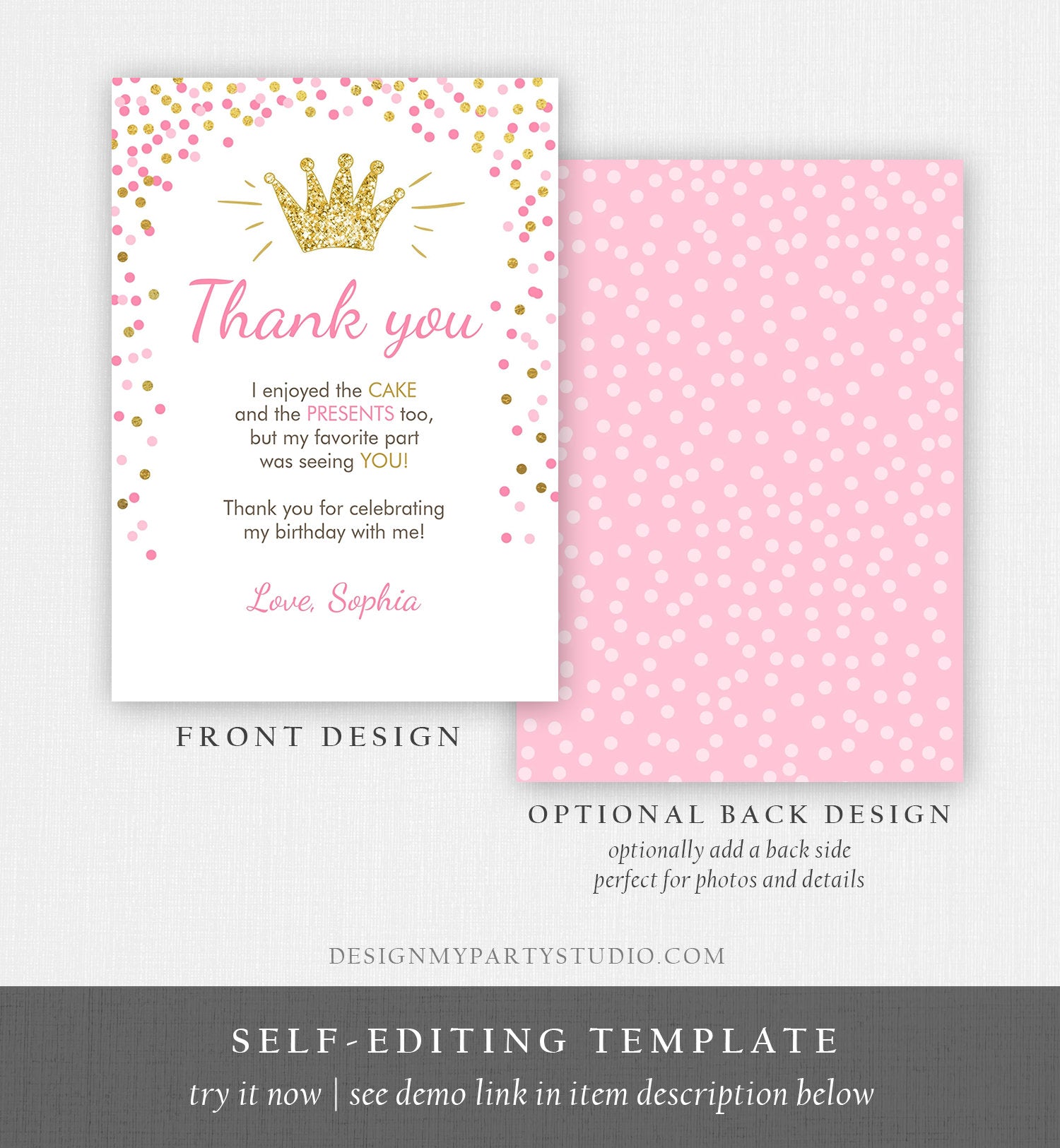 Editable Princess Thank You Card Girl Pink Gold Crown Birthday Thank You Note Royal First Birthday Digital Corjl Template Printable 0047