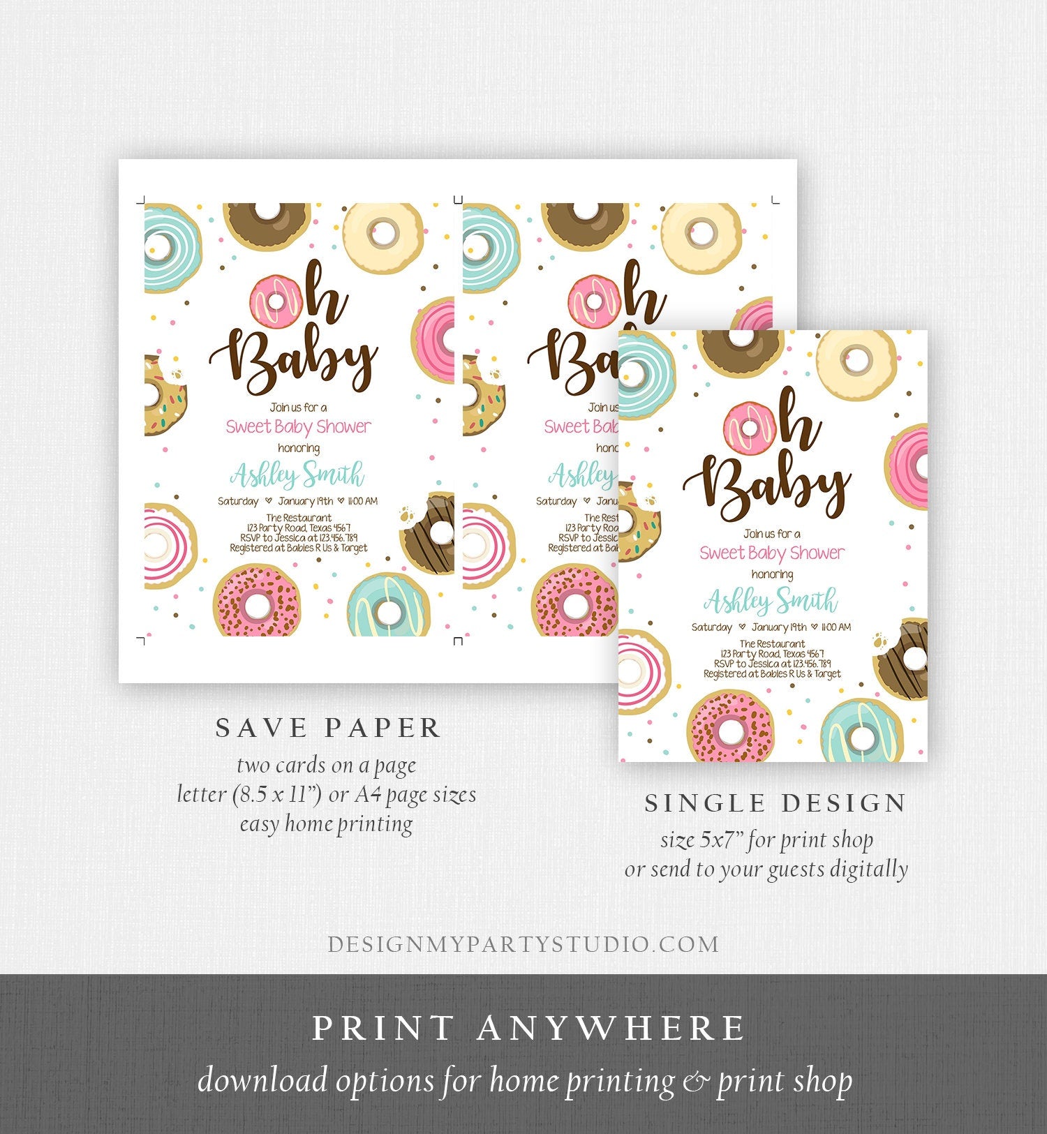 Editable Donut Baby Shower Invitation Oh Baby Coed Shower Doughnut Sweet Gender Neutral Pink Girl Download Corjl Template Printable 0050