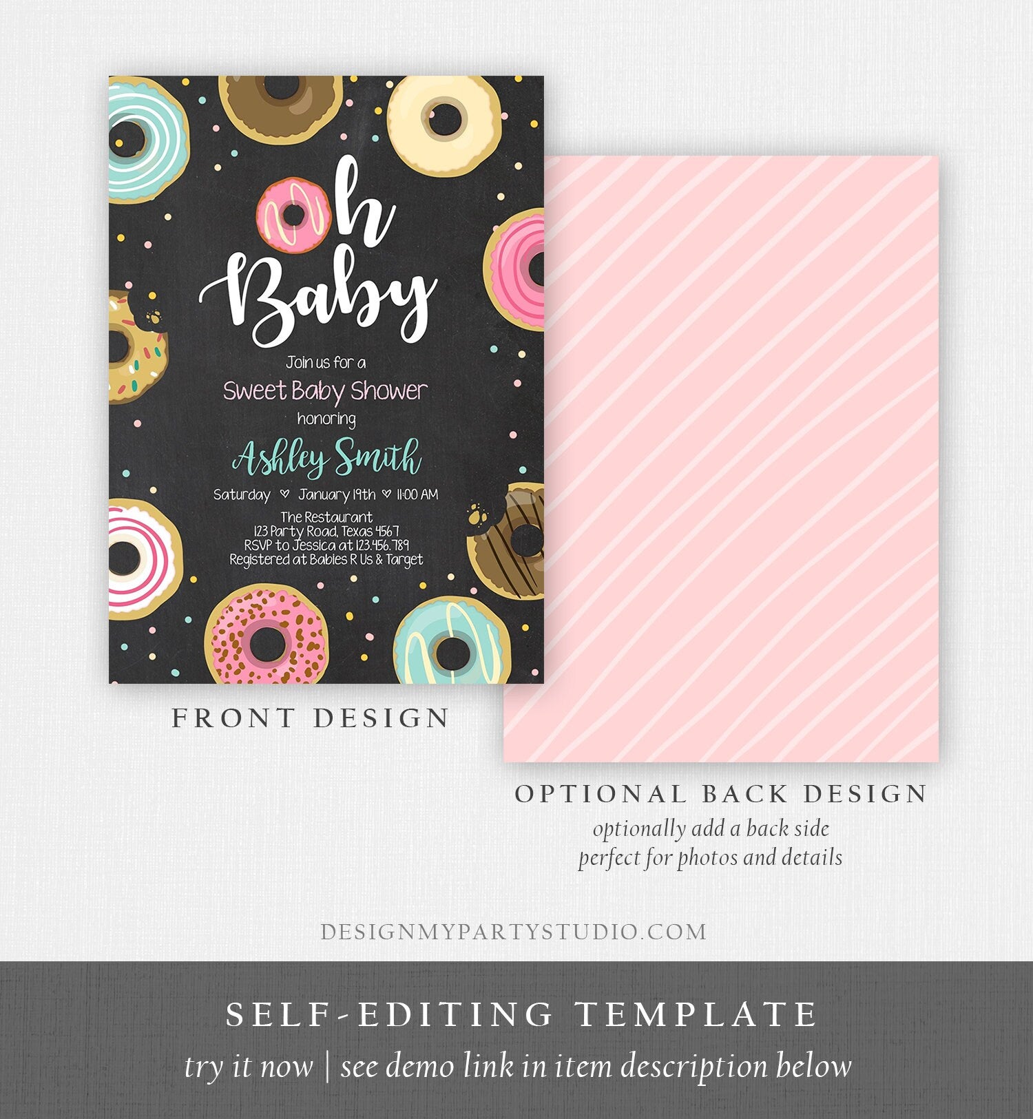 Editable Donut Baby Shower Invitation Oh Baby Coed Shower Doughnut Sweet Chalk Gender Neutral Pink Girl Corjl Template Printable 0050