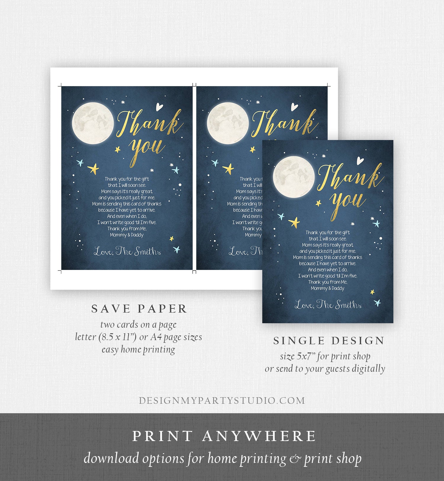 Editable Baby Shower Thank you Card Loved to the Moon and Back Moon Stars Gold Navy Moon Baby Shower Template Instant Download Corjl 0017