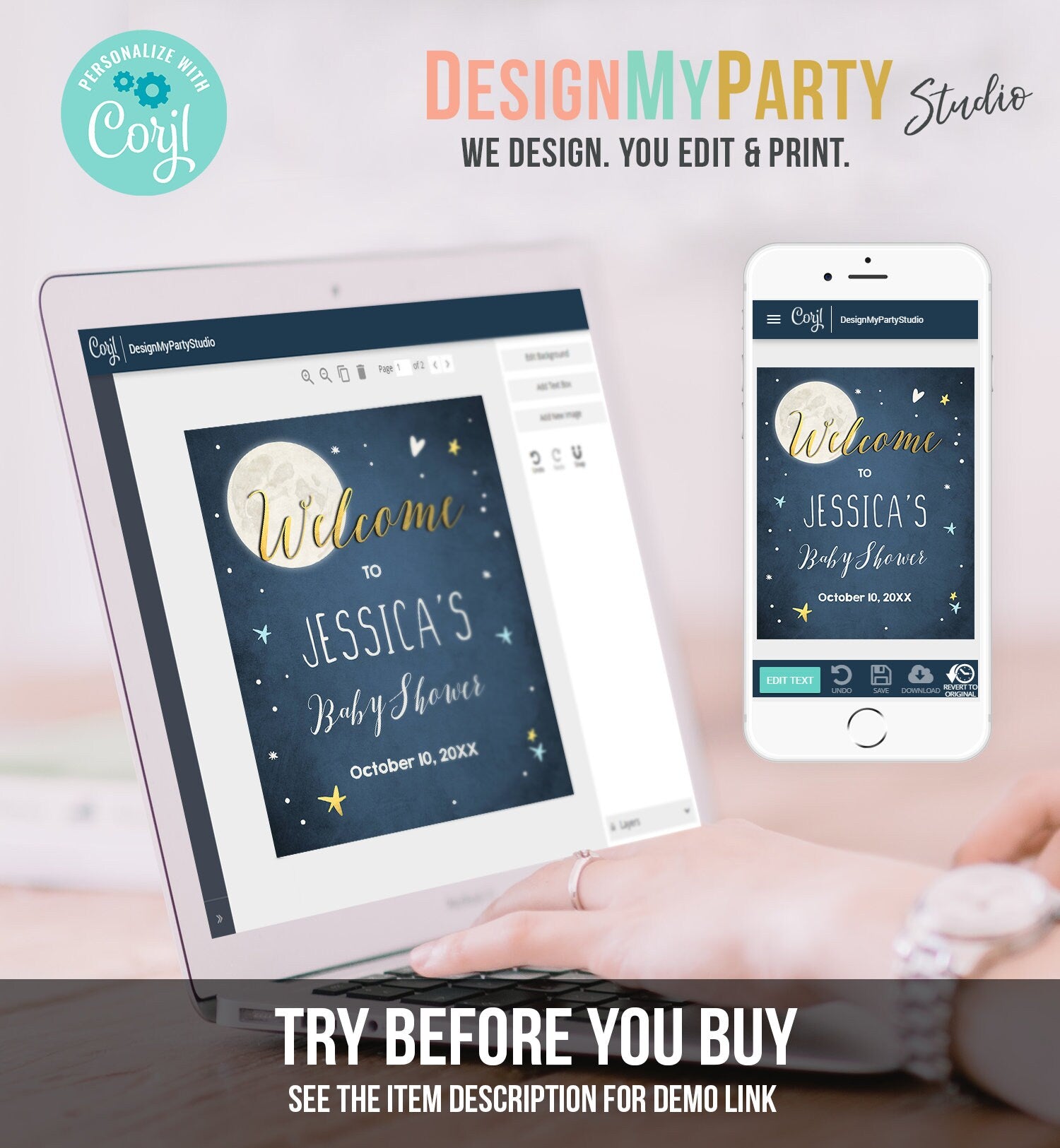 Editable Welcome Sign Moon Baby Shower Welcome Baby Sprinkle Twinkle Little Star Over The Moon Neutral Template PRINTABLE Corjl 0017