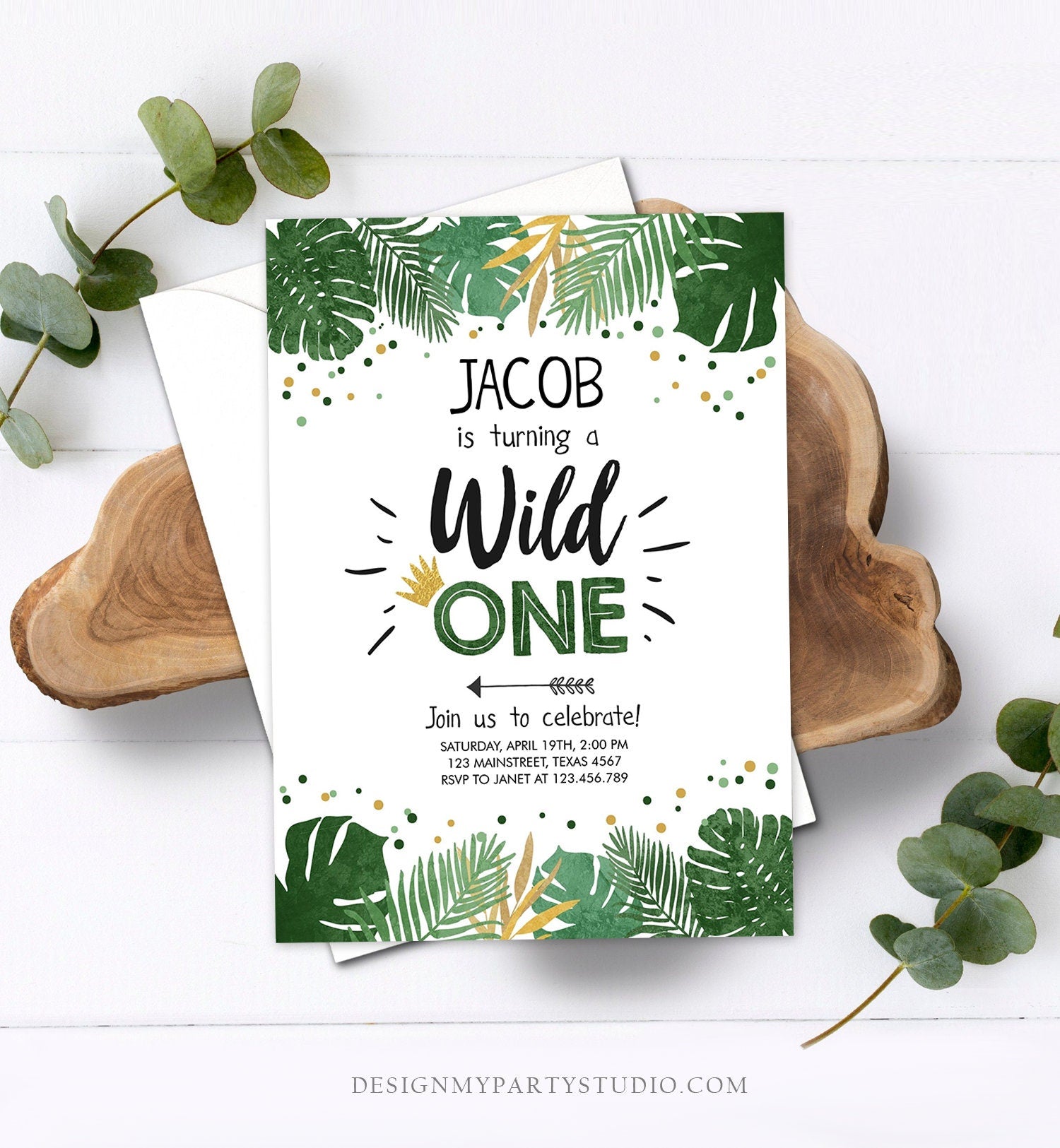 Editable Wild One Birthday Invitation Safari Jungle Boy Gold First Birthday 1st Rustic Leaves Instant Download Corjl Template Printable 0332