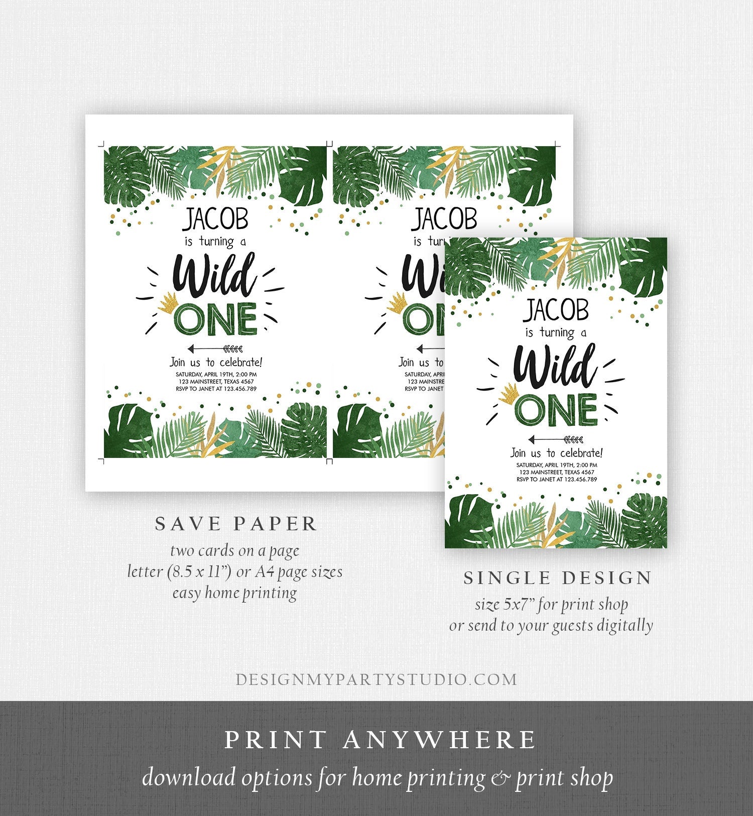 Editable Wild One Birthday Invitation Safari Jungle Boy Gold First Birthday 1st Rustic Leaves Instant Download Corjl Template Printable 0332