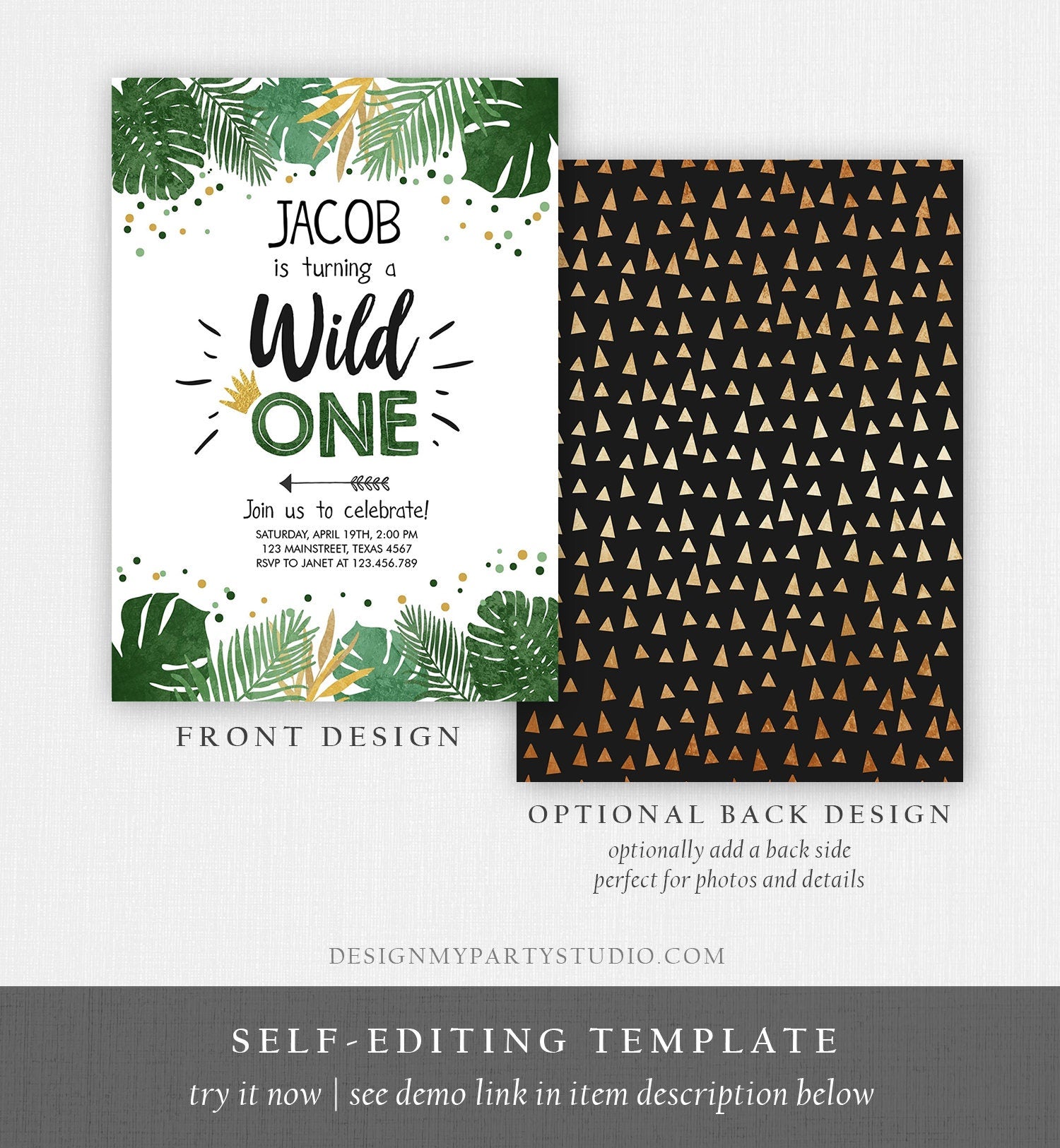 Editable Wild One Birthday Invitation Safari Jungle Boy Gold First Birthday 1st Rustic Leaves Instant Download Corjl Template Printable 0332