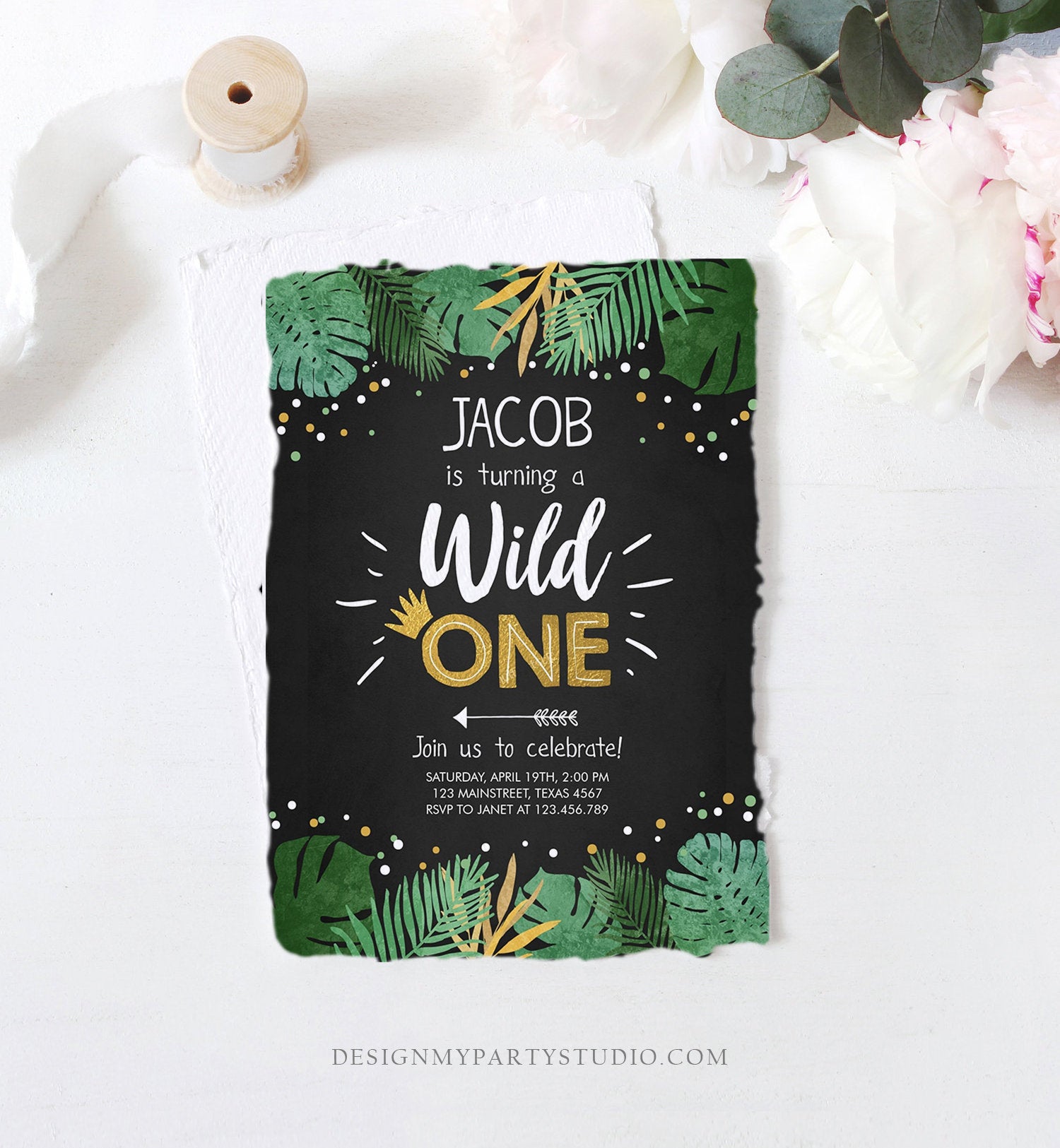 Editable Wild One Birthday Invitation Safari Jungle Boy Gold First Birthday 1st Rustic Leaves Instant Download Corjl Template Printable 0332