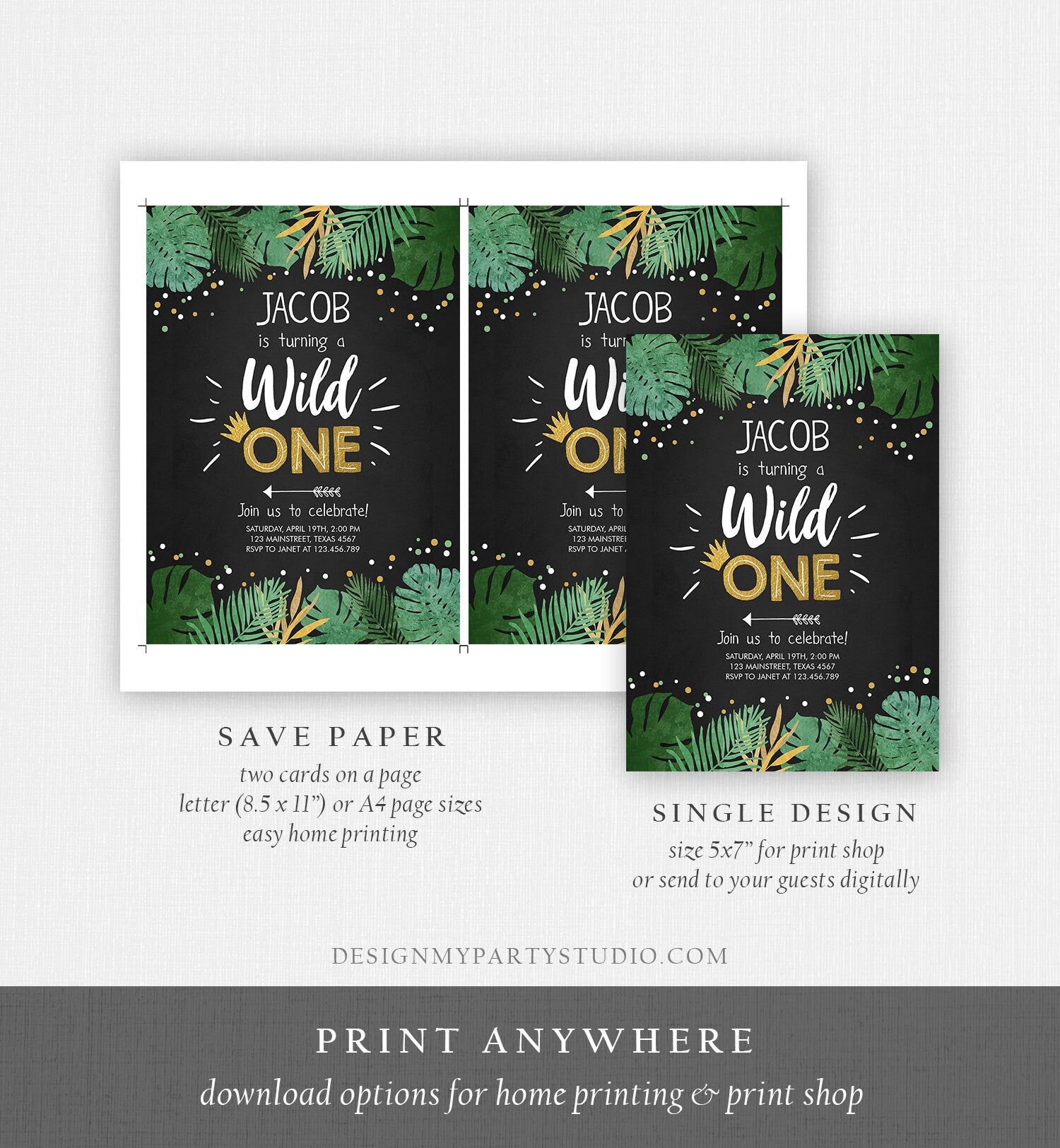 Editable Wild One Birthday Invitation Safari Jungle Boy Gold First Birthday 1st Rustic Leaves Instant Download Corjl Template Printable 0332