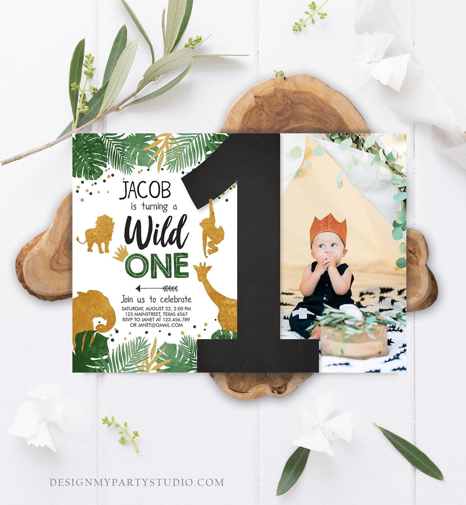 Editable Wild One Birthday Invitation Safari Jungle Boy Gold First Birthday 1st Rustic Leaves Photo Download Corjl Template Printable 0016