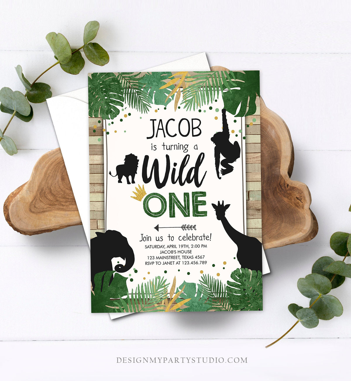 Editable Wild One Birthday Invitation Safari Animals Jungle Boy Gold First Birthday 1st Rustic Leaves Download Corjl Template Printable 0016