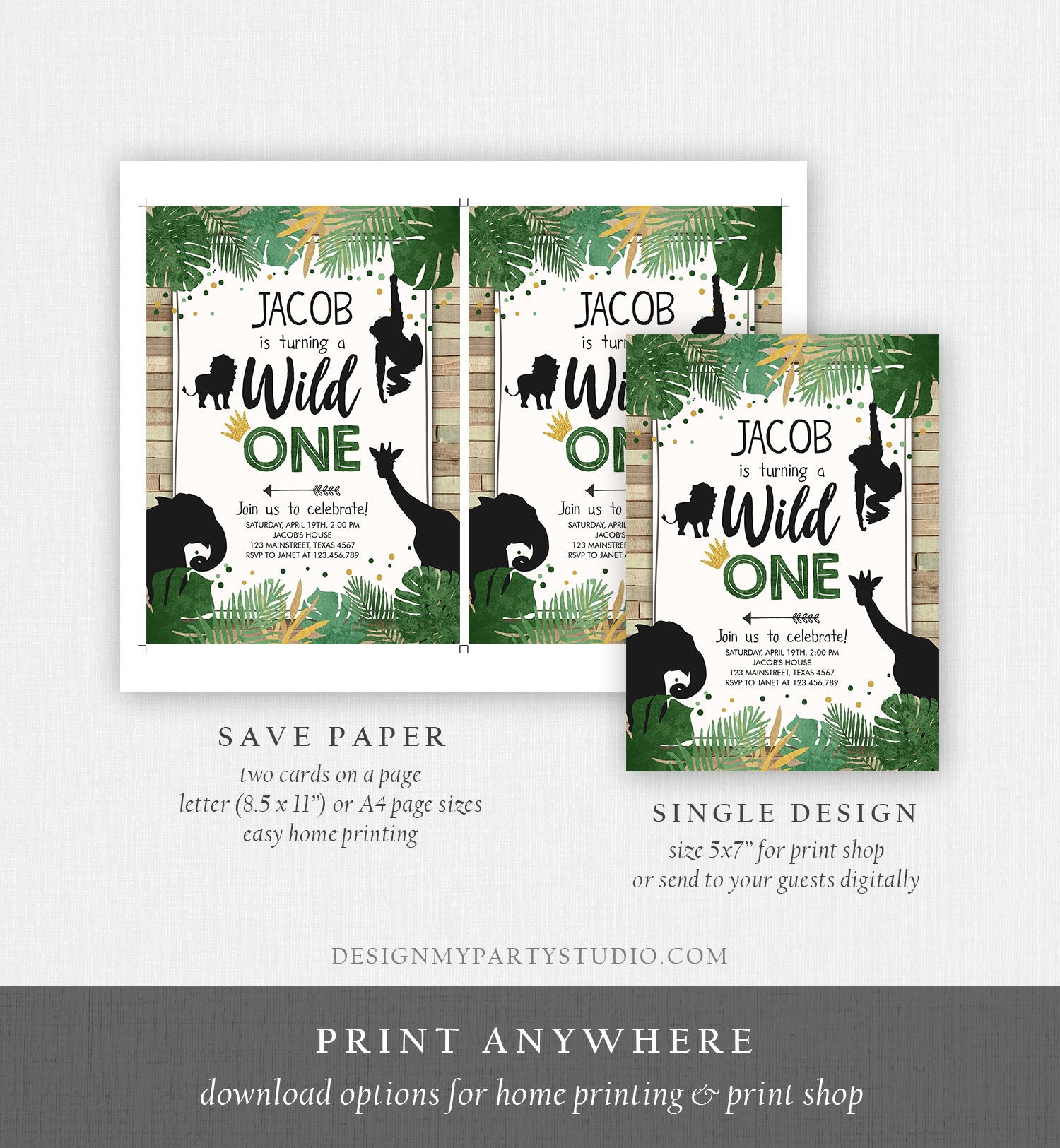 Editable Wild One Birthday Invitation Safari Animals Jungle Boy Gold First Birthday 1st Rustic Leaves Download Corjl Template Printable 0016