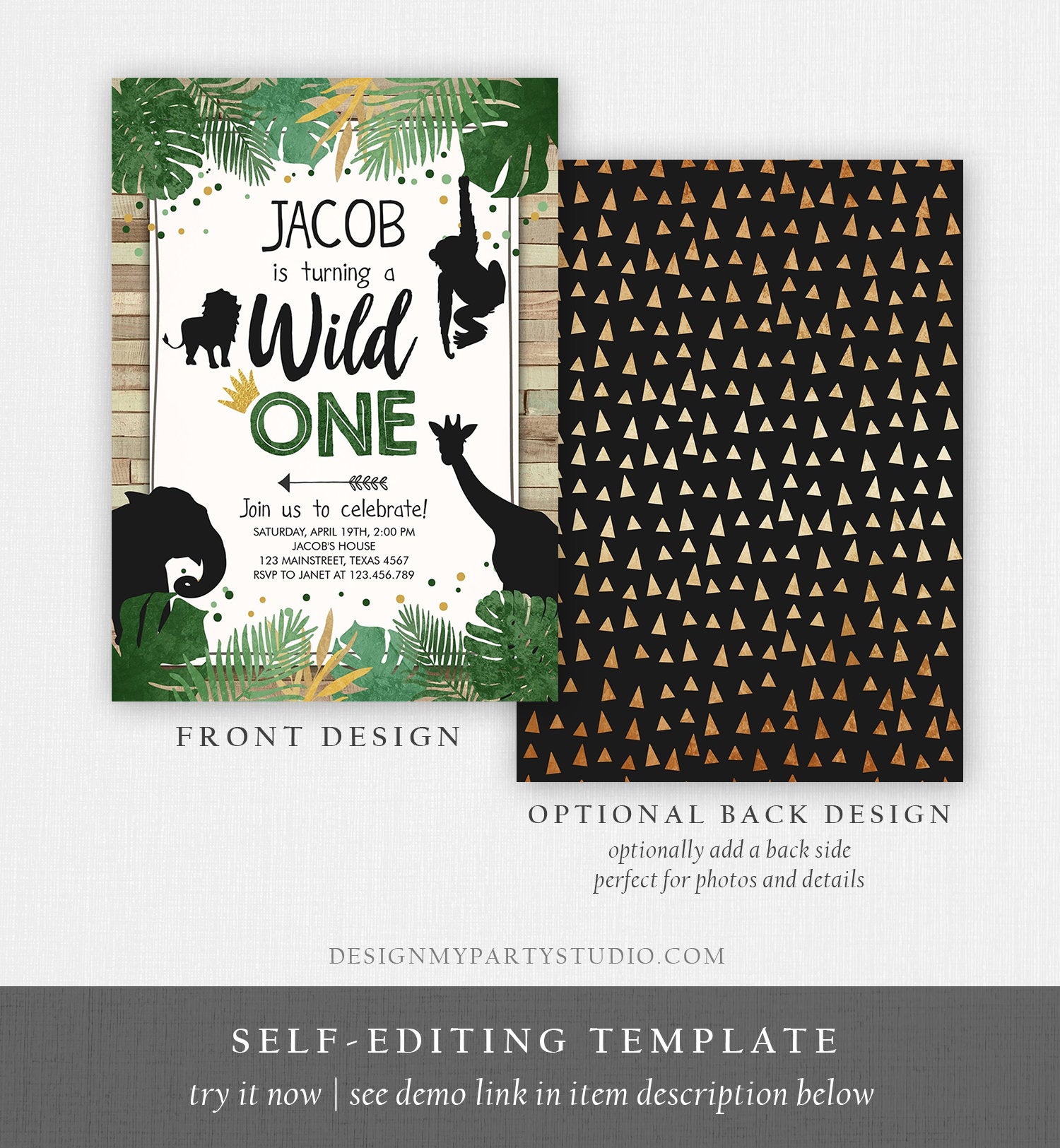 Editable Wild One Birthday Invitation Safari Animals Jungle Boy Gold First Birthday 1st Rustic Leaves Download Corjl Template Printable 0016