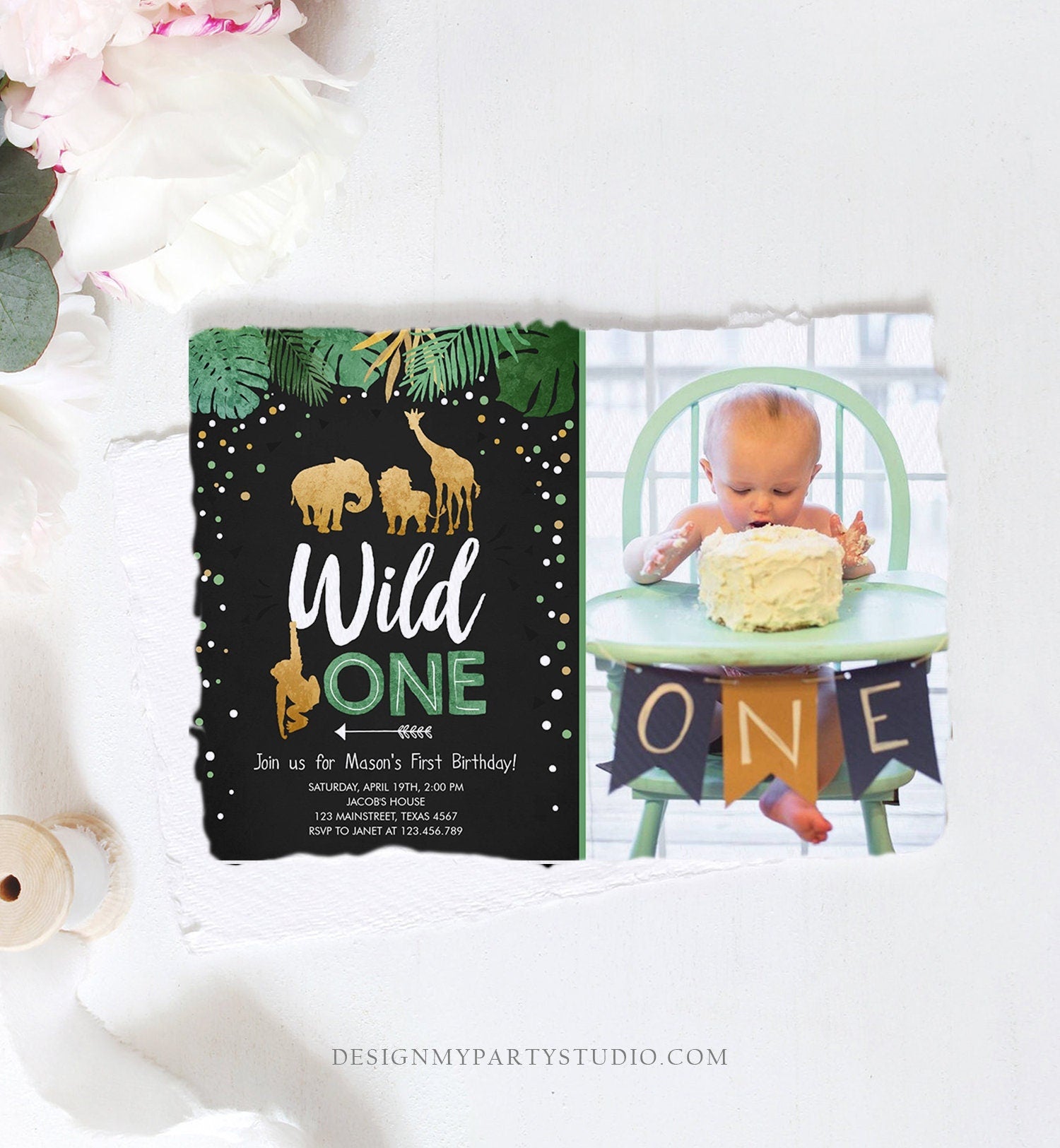 Editable Wild One Birthday Invitation Safari Animals Jungle Boy Gold First Birthday 1st Rustic Leaves Download Corjl Template Printable 0016