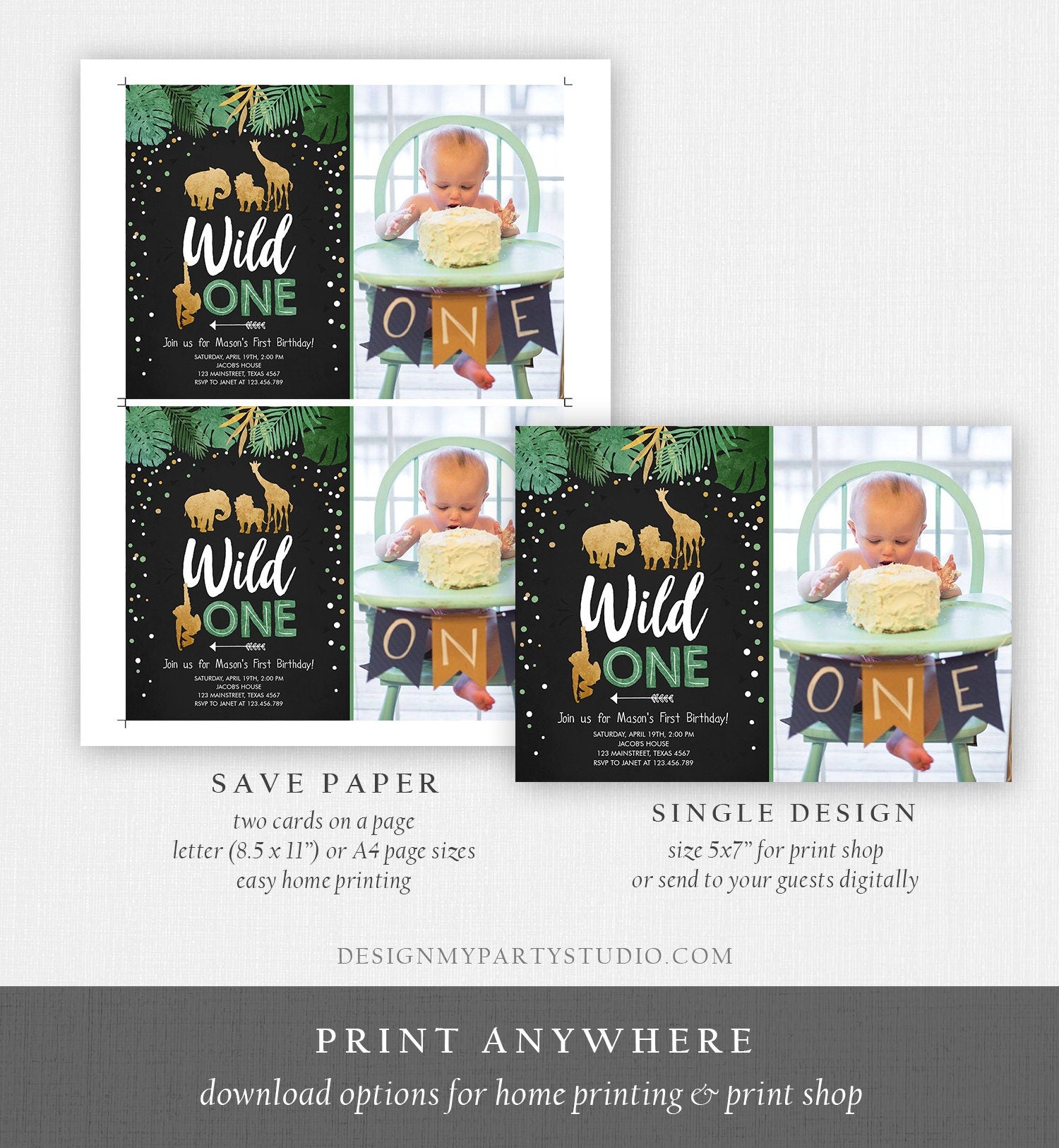 Editable Wild One Birthday Invitation Safari Animals Jungle Boy Gold First Birthday 1st Rustic Leaves Download Corjl Template Printable 0016