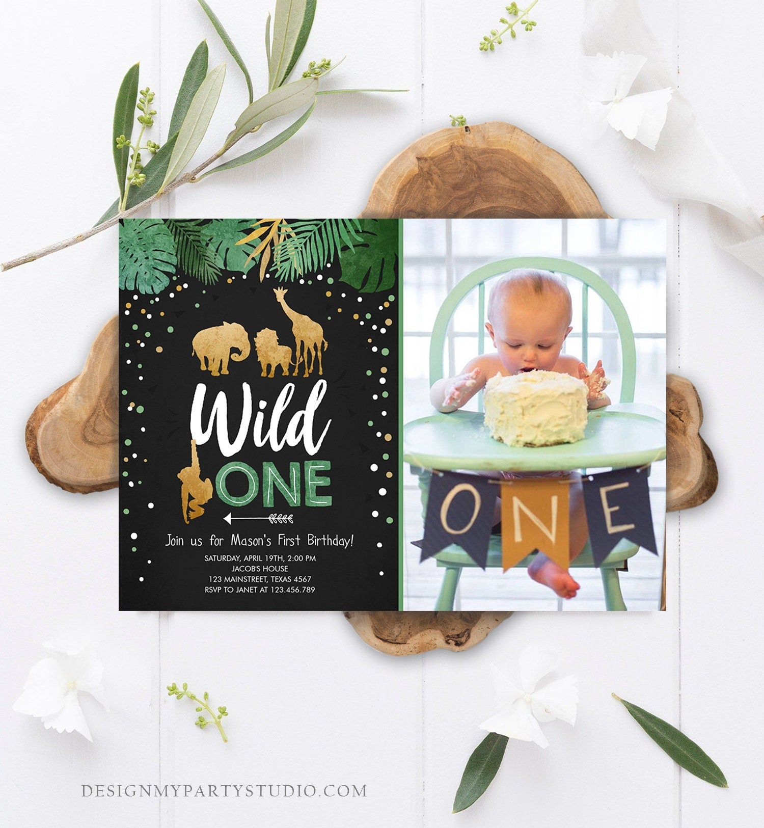 Editable Wild One Birthday Invitation Safari Animals Jungle Boy Gold First Birthday 1st Rustic Leaves Download Corjl Template Printable 0016